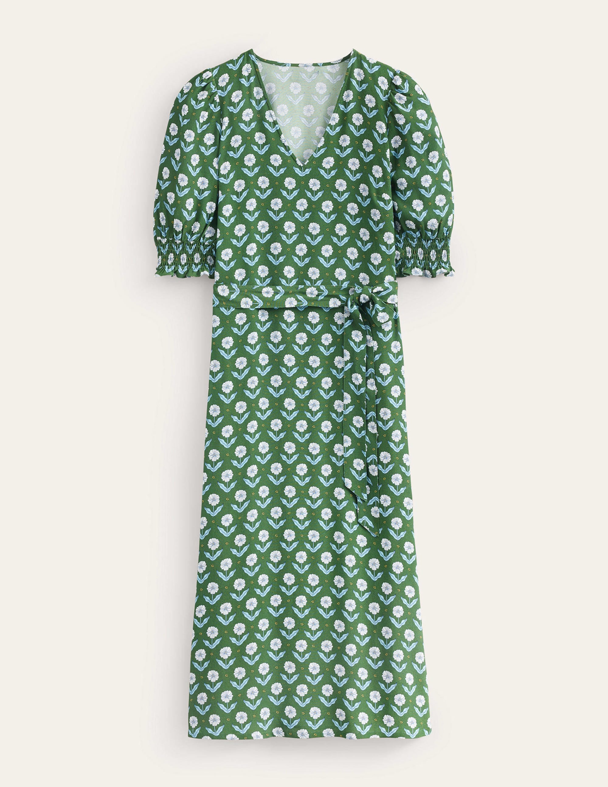Smocked Cuff Midi Dress-Winter Green, Daisy Foliage - Image 5
