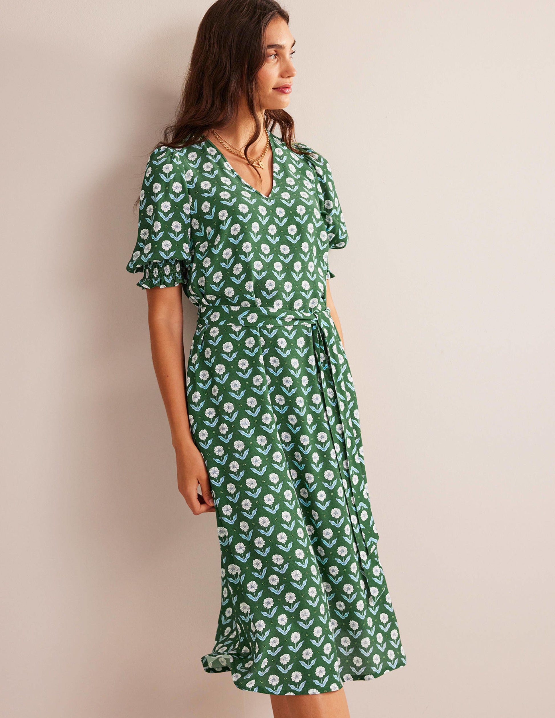 Smocked Cuff Midi Dress-Winter Green, Daisy Foliage-1