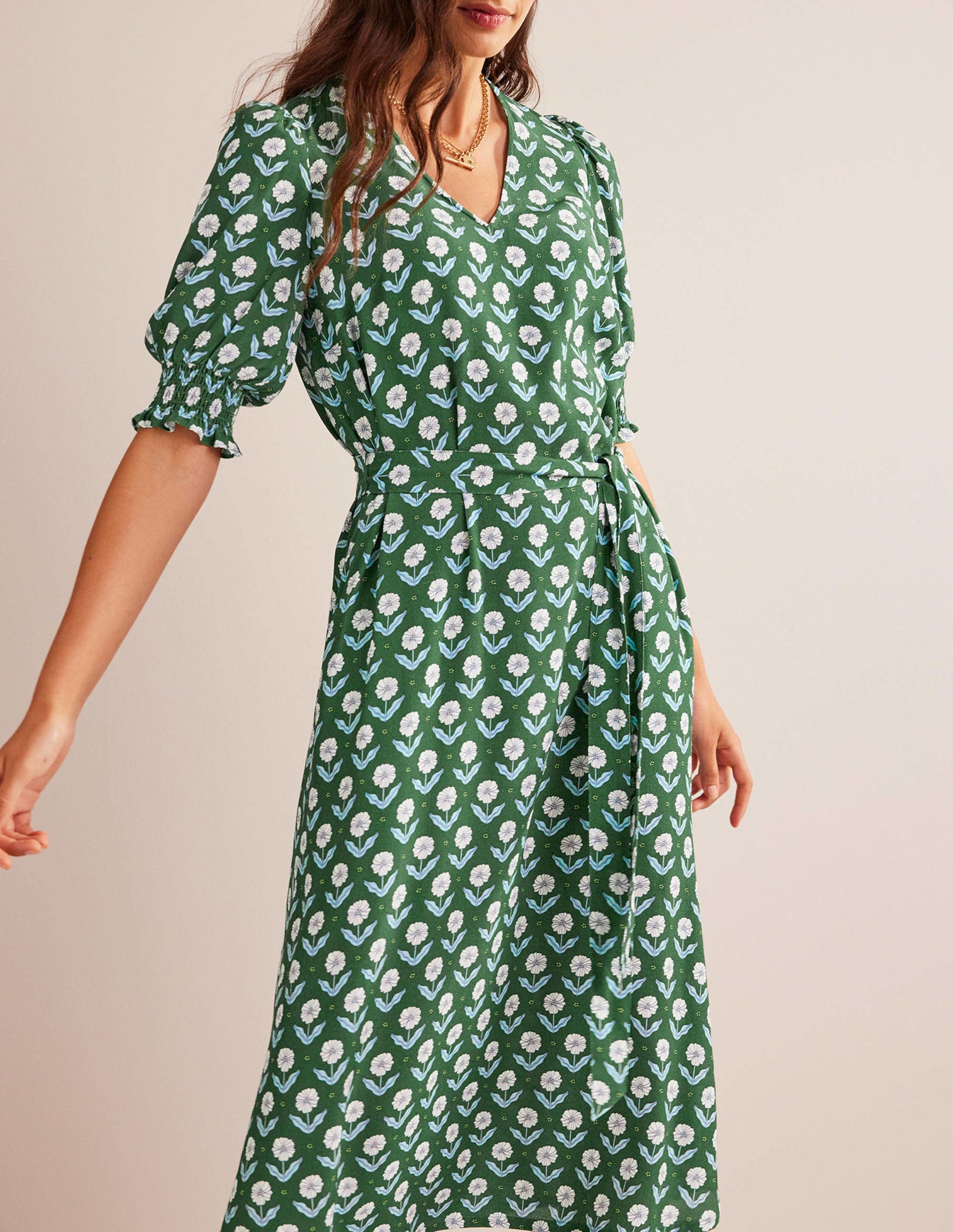 Smocked Cuff Midi Dress-Winter Green, Daisy Foliage-2