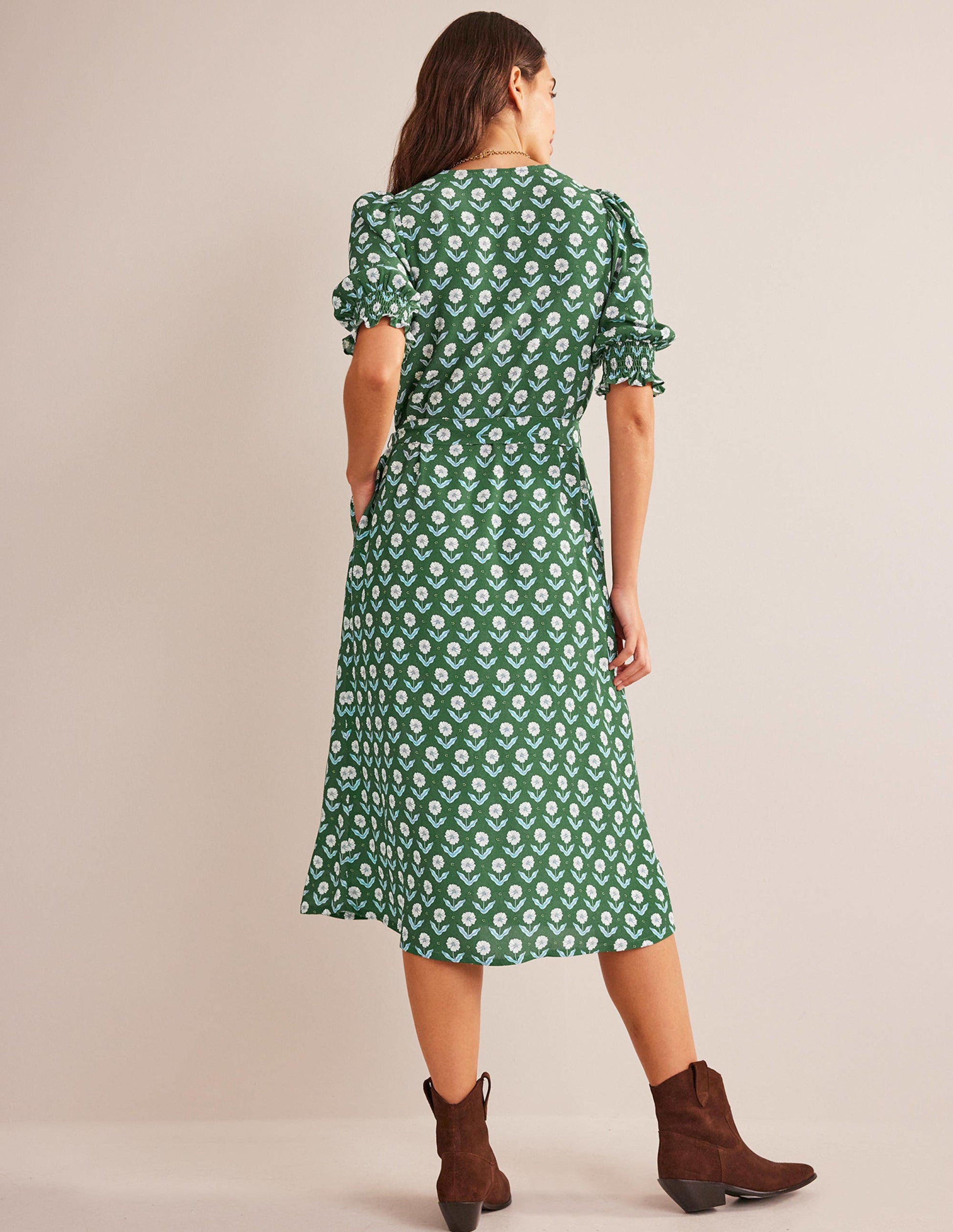 Smocked Cuff Midi Dress-Winter Green, Daisy Foliage-3