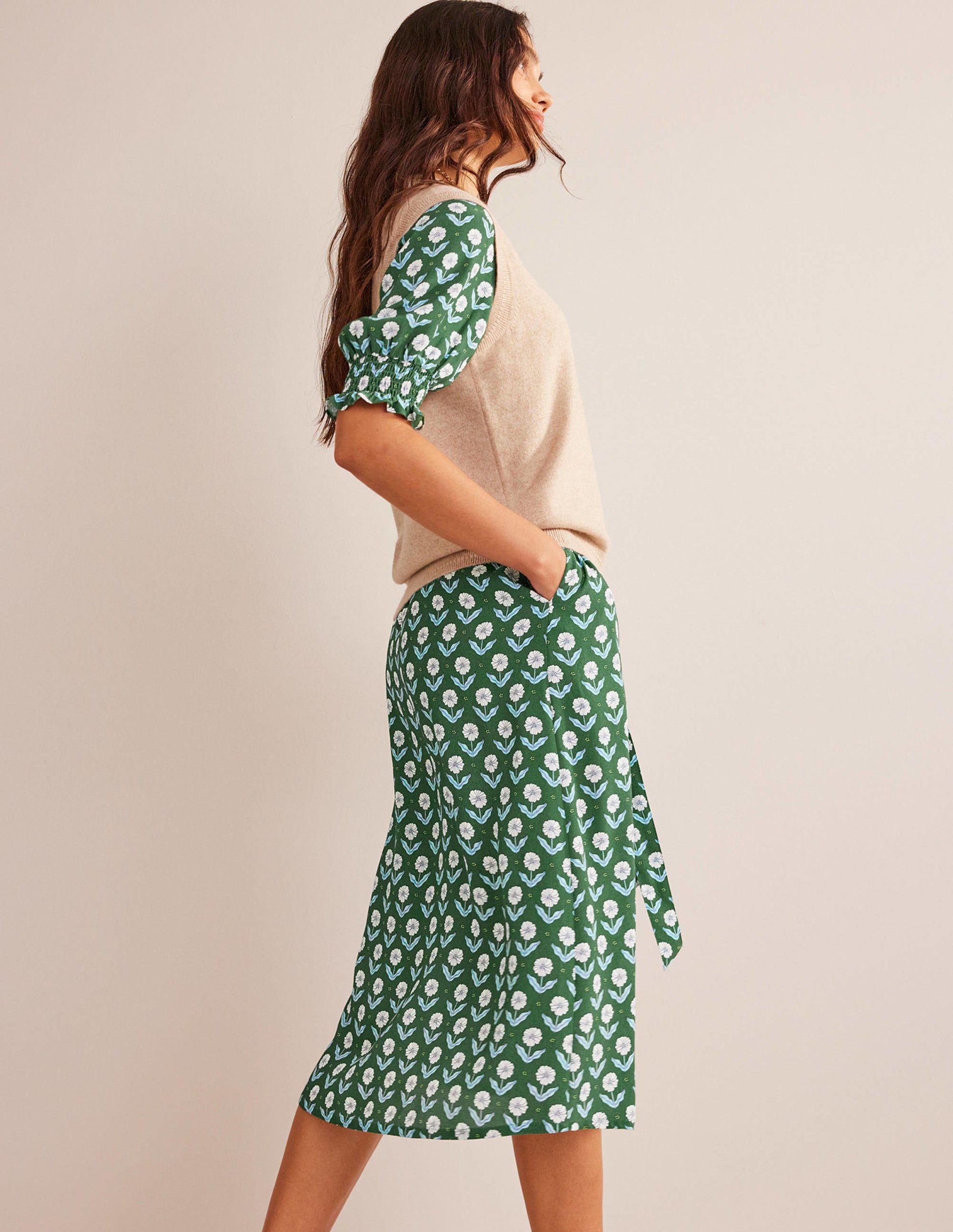 Smocked Cuff Midi Dress-Winter Green, Daisy Foliage-4
