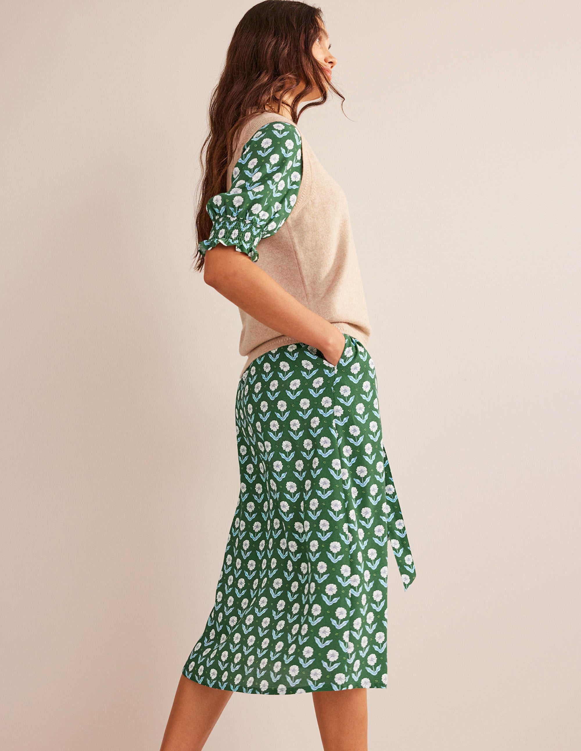Smocked Cuff Midi Dress-Winter Green, Daisy Foliage - Image 4