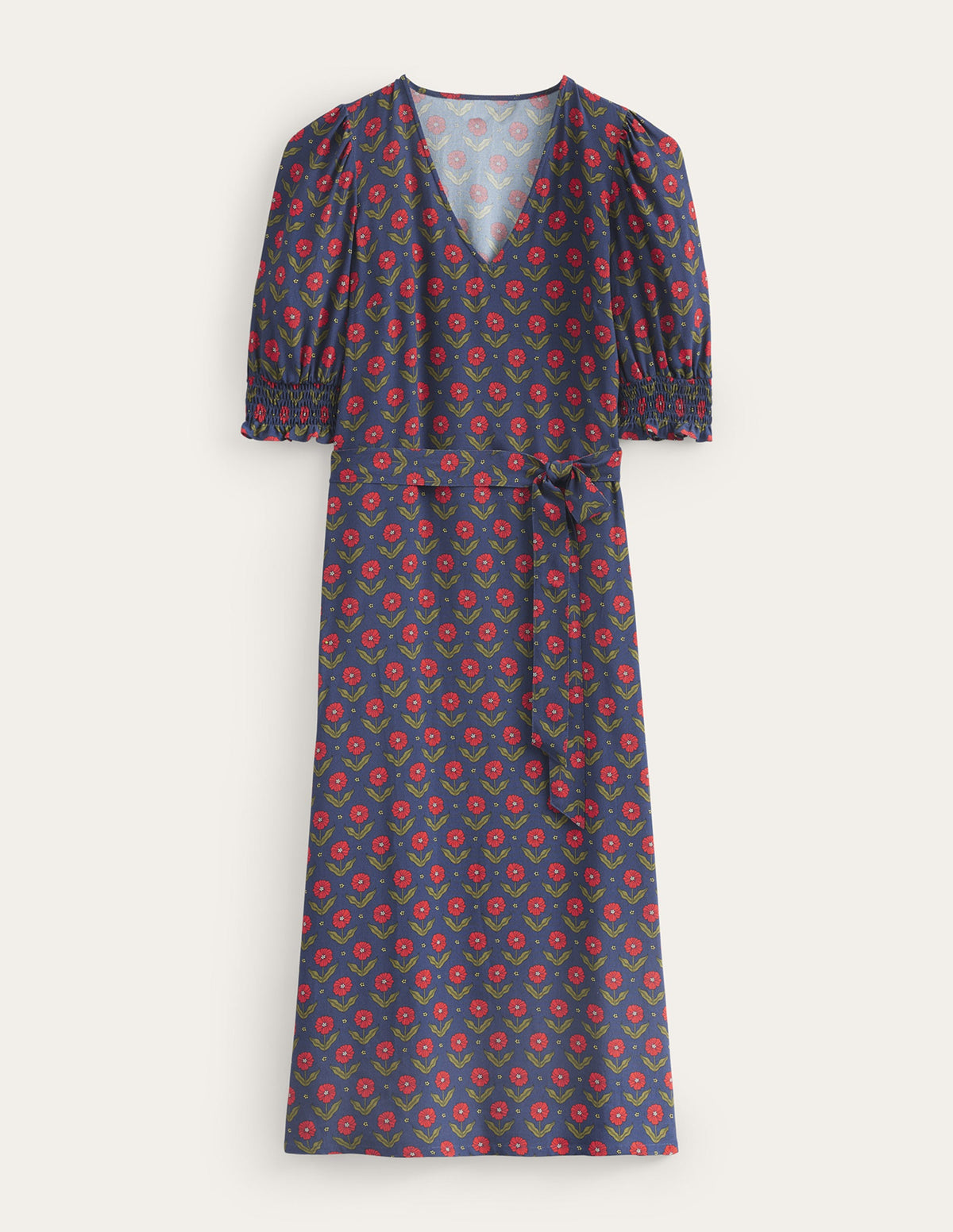 Smocked Cuff Midi Dress-Navy, Daisy Foliage-9