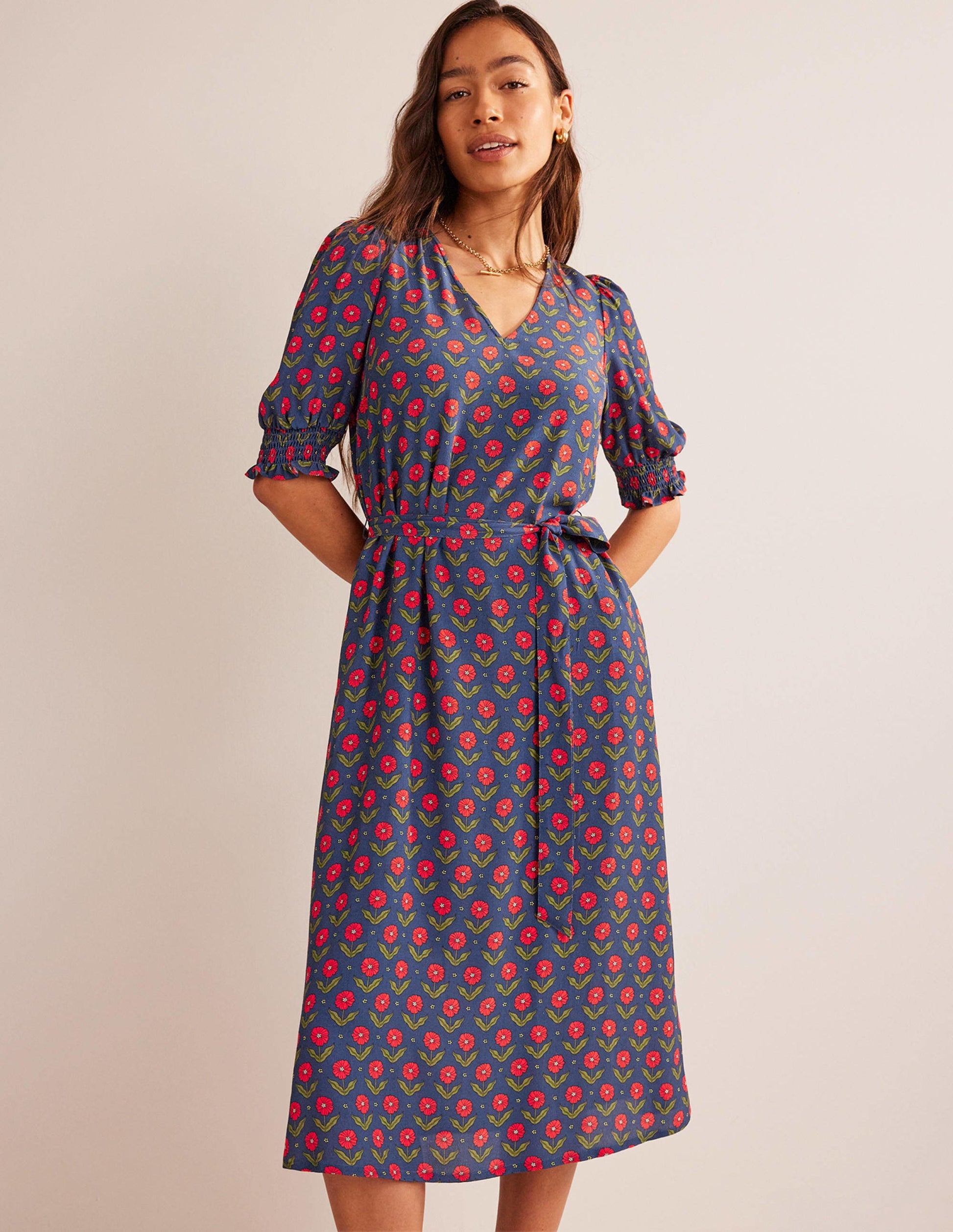 Smocked Cuff Midi Dress-Navy, Daisy Foliage-1