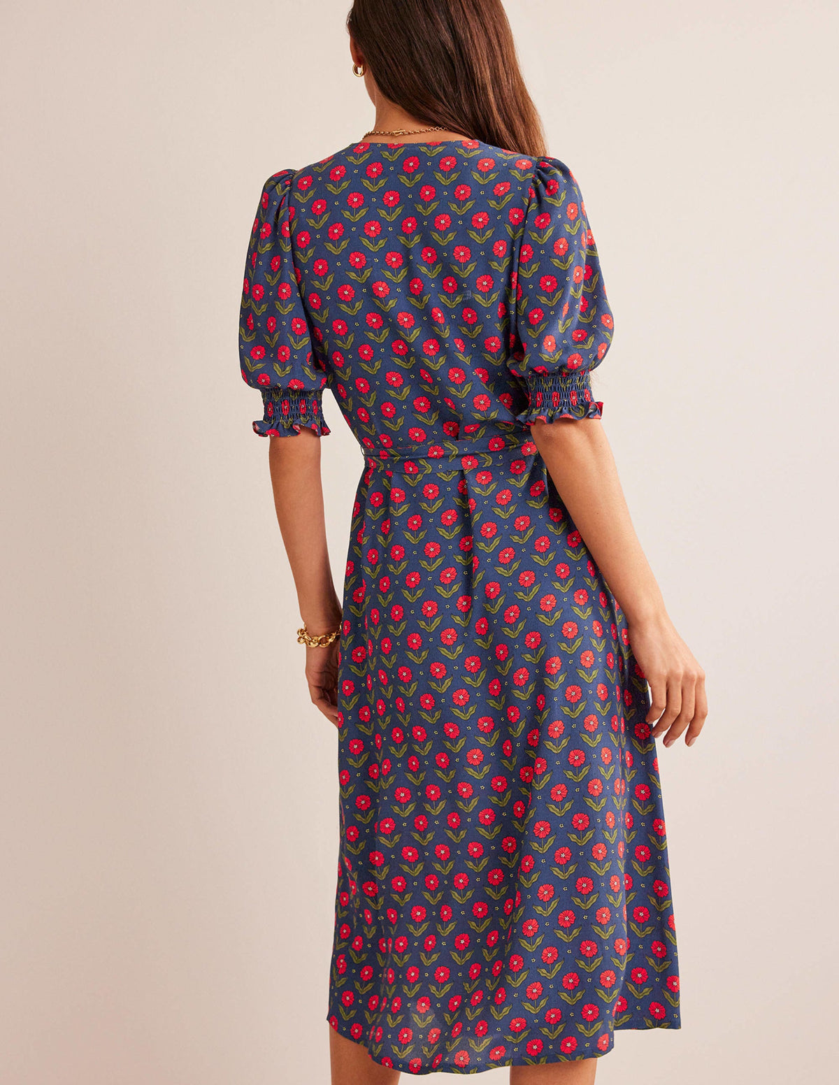 Smocked Cuff Midi Dress-Navy, Daisy Foliage - Image 3