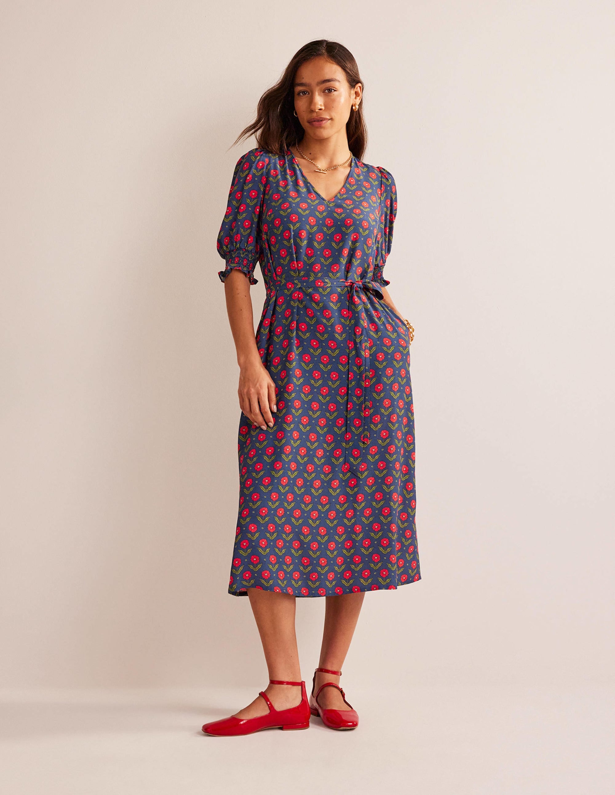 Smocked Cuff Midi Dress-Navy, Daisy Foliage - Image 5