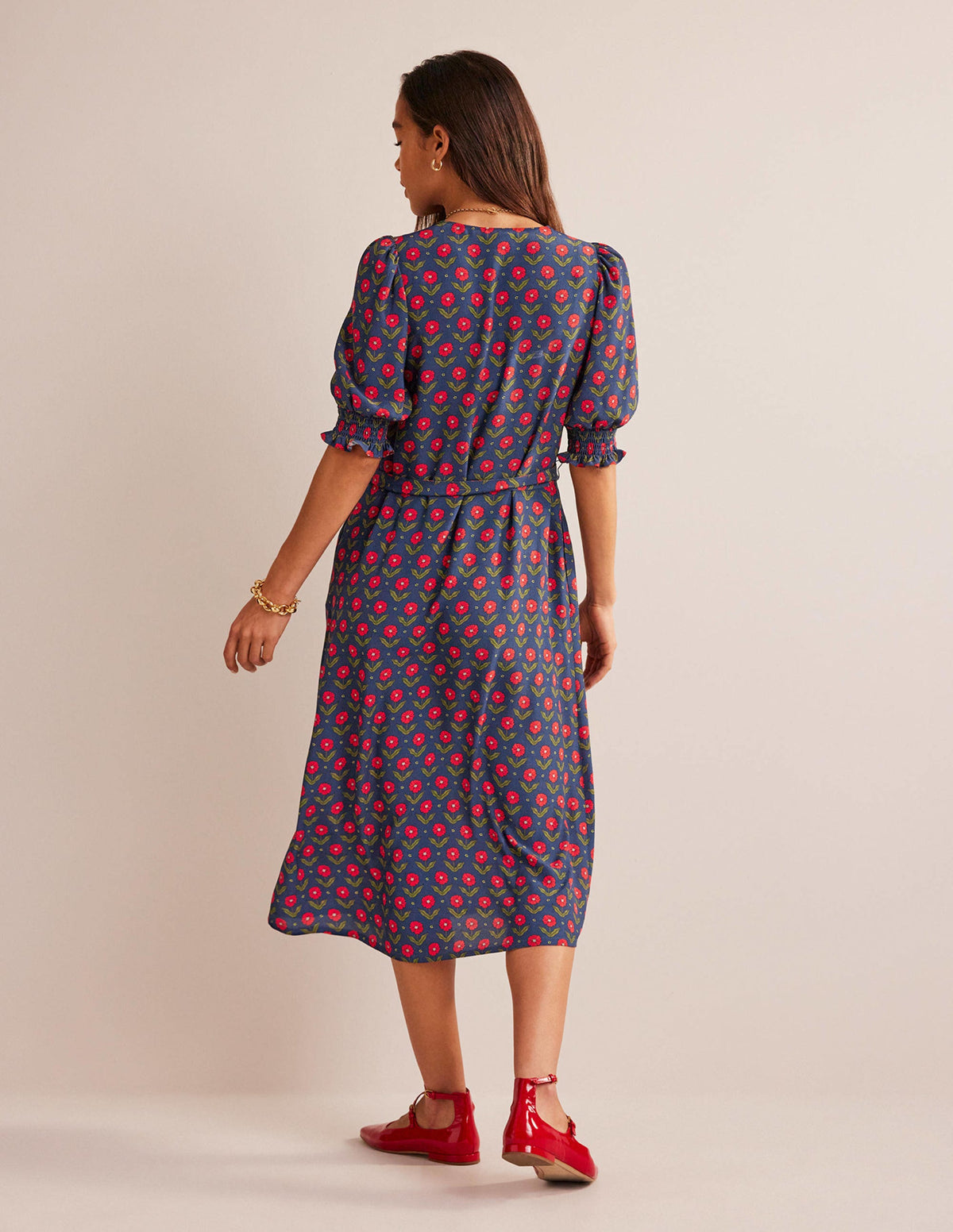 Smocked Cuff Midi Dress-Navy, Daisy Foliage-6