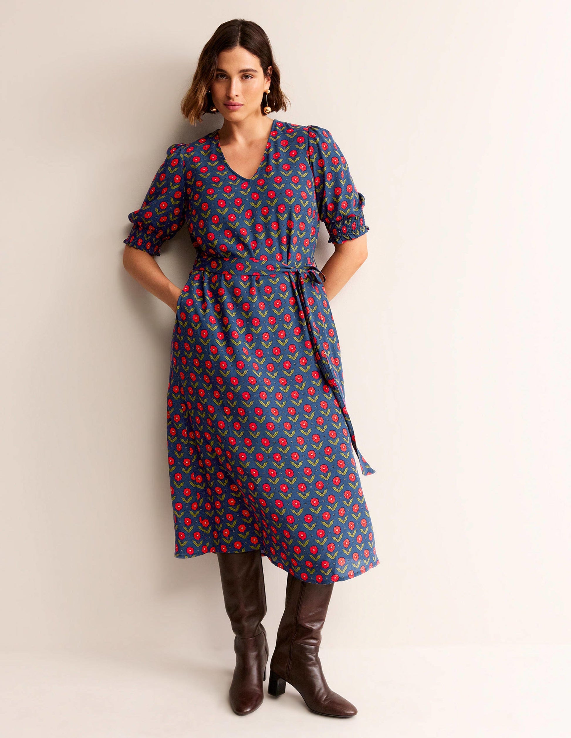 Smocked Cuff Midi Dress-Navy, Daisy Foliage-7