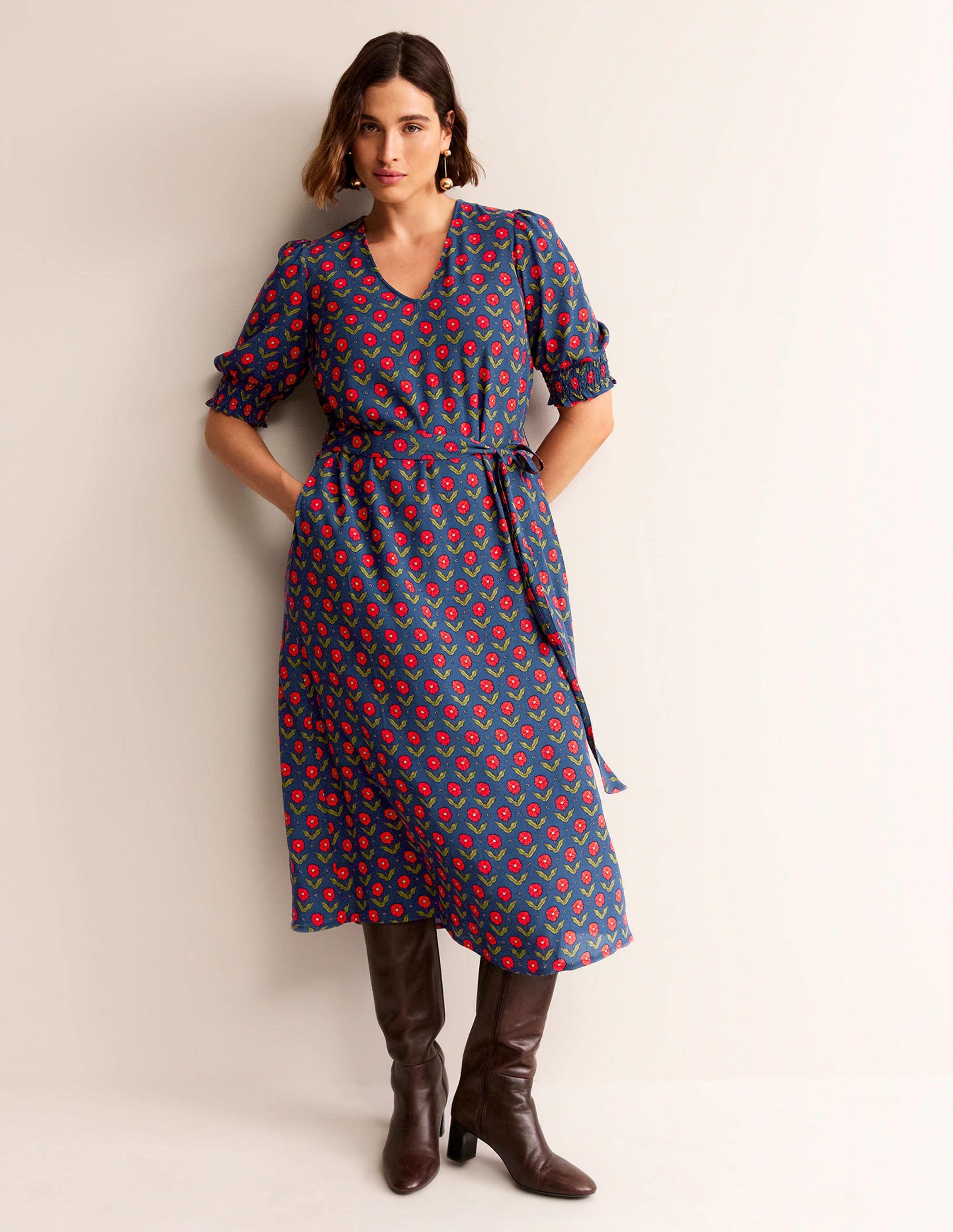 Smocked Cuff Midi Dress-Navy, Daisy Foliage - Image 7