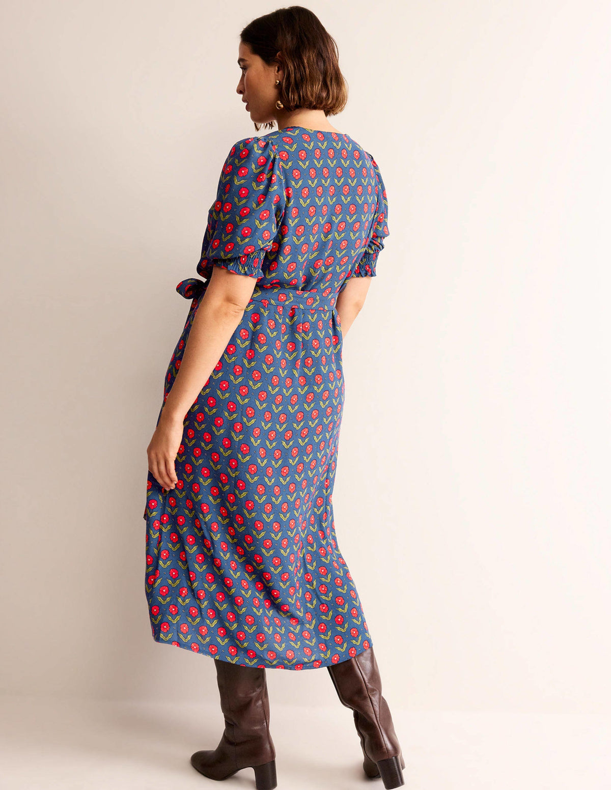 Smocked Cuff Midi Dress-Navy, Daisy Foliage - Image 8