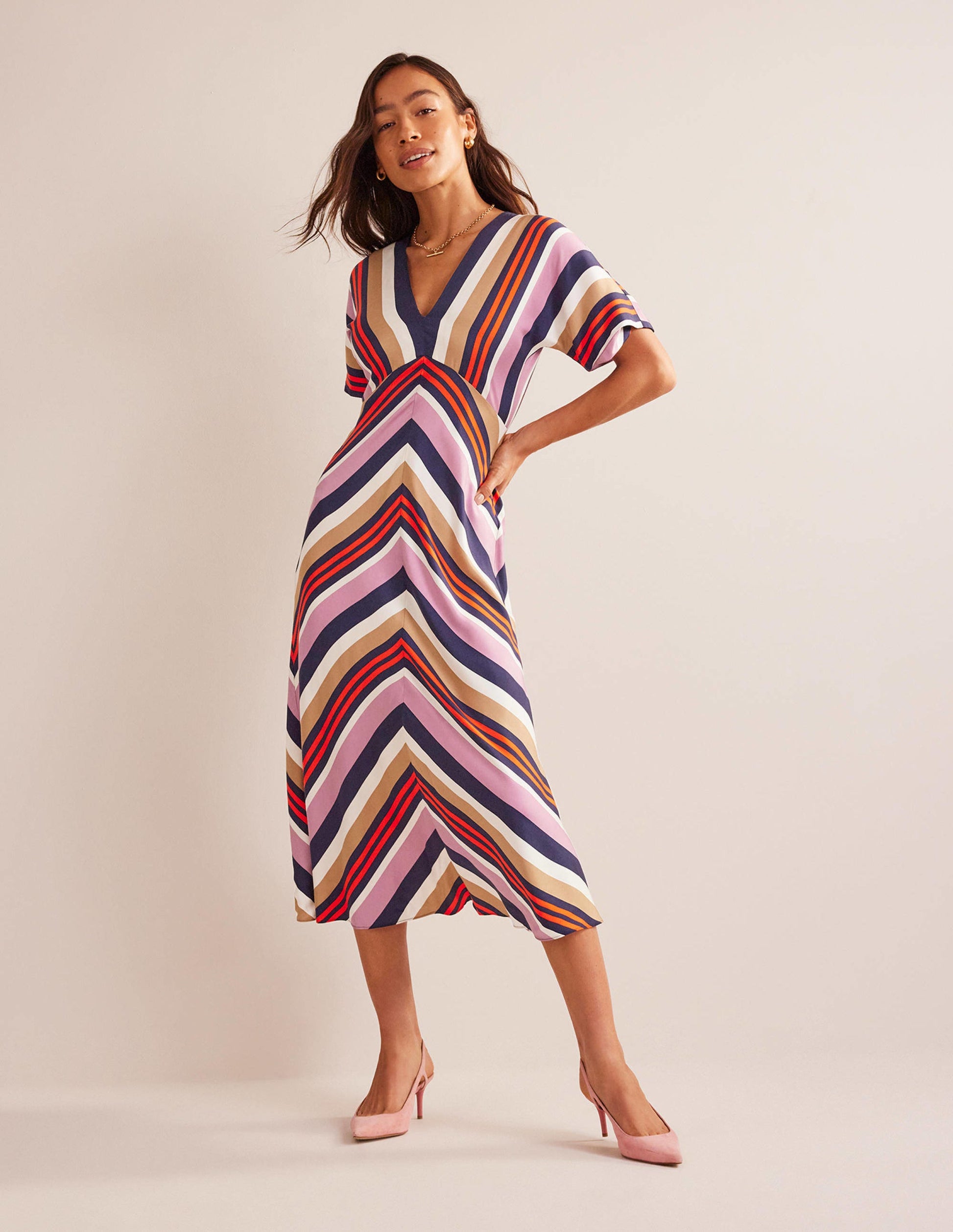 V-Neck Satin Midi Dress-Multi Stripe-1