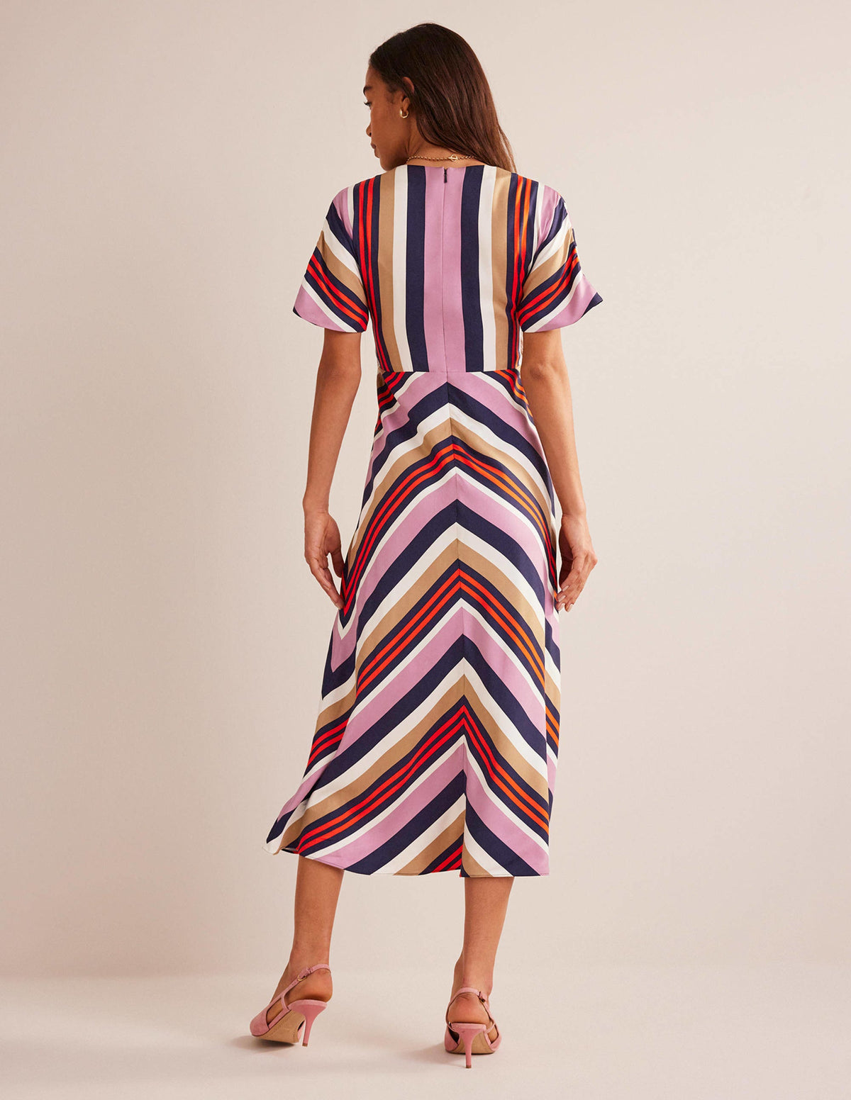 V-Neck Satin Midi Dress-Multi Stripe - Image 3