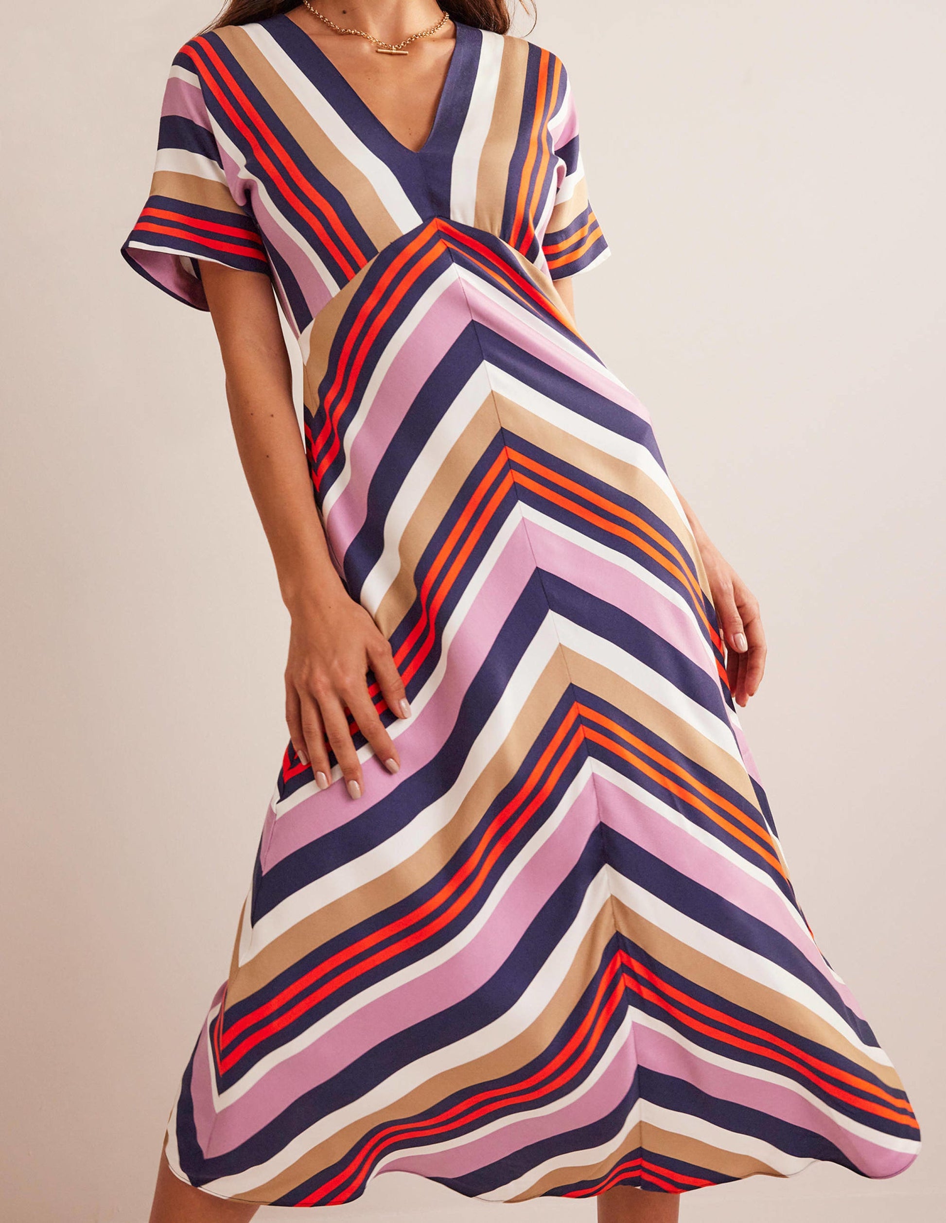 V-Neck Satin Midi Dress-Multi Stripe-4