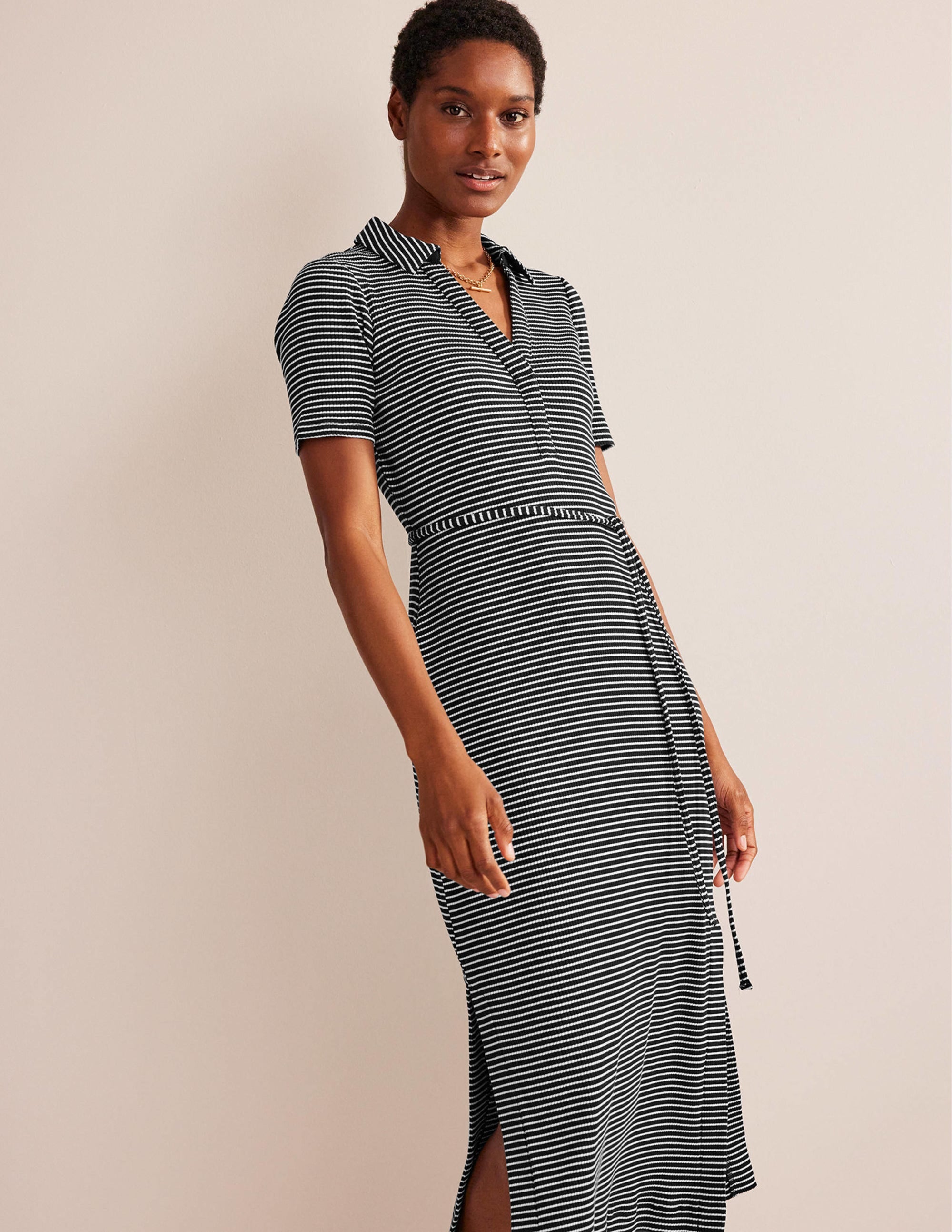 Ribbed-Jersey Midi Shirt Dress-Black, Ivory Stripe - Image 1