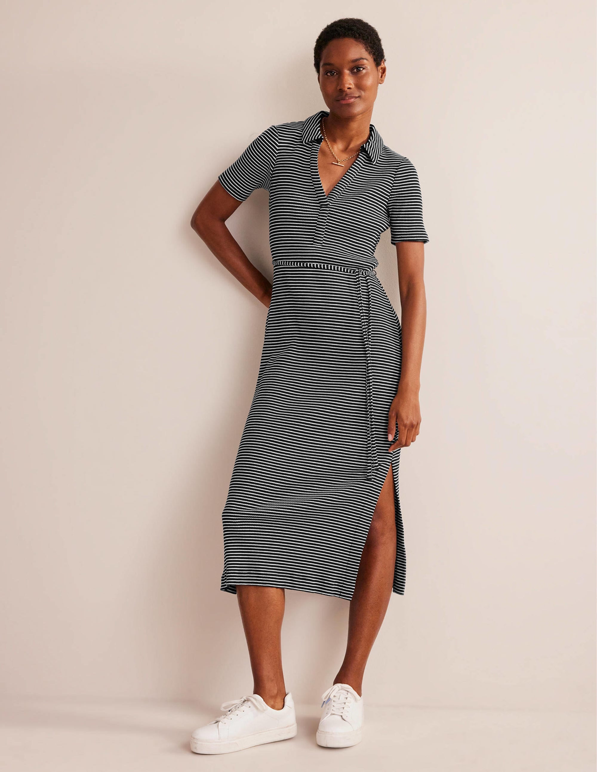Ribbed-Jersey Midi Shirt Dress-Black, Ivory Stripe - Image 2