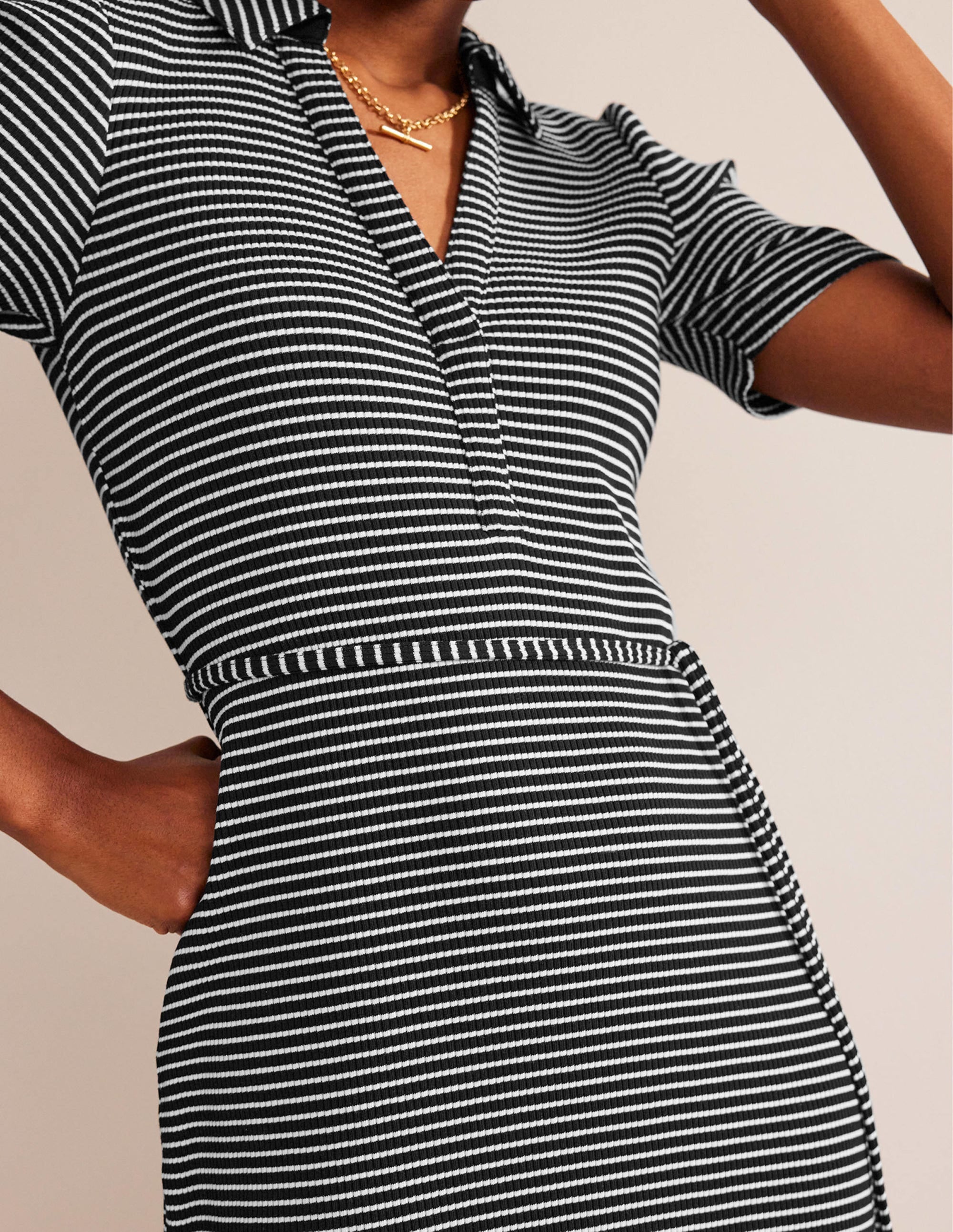 Ribbed-Jersey Midi Shirt Dress-Black, Ivory Stripe - Image 3