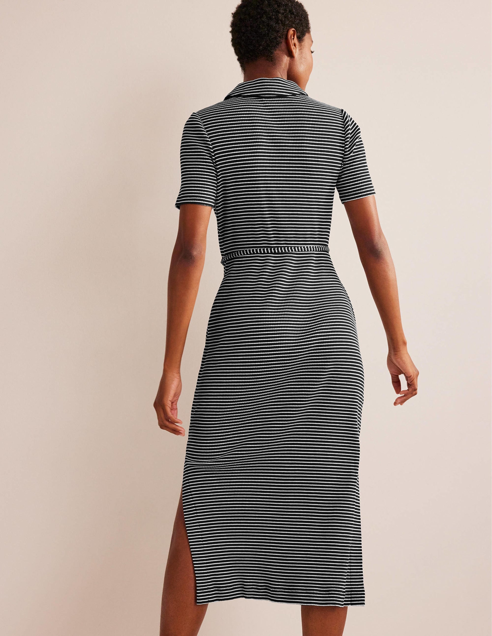 Ribbed-Jersey Midi Shirt Dress-Black, Ivory Stripe - Image 4