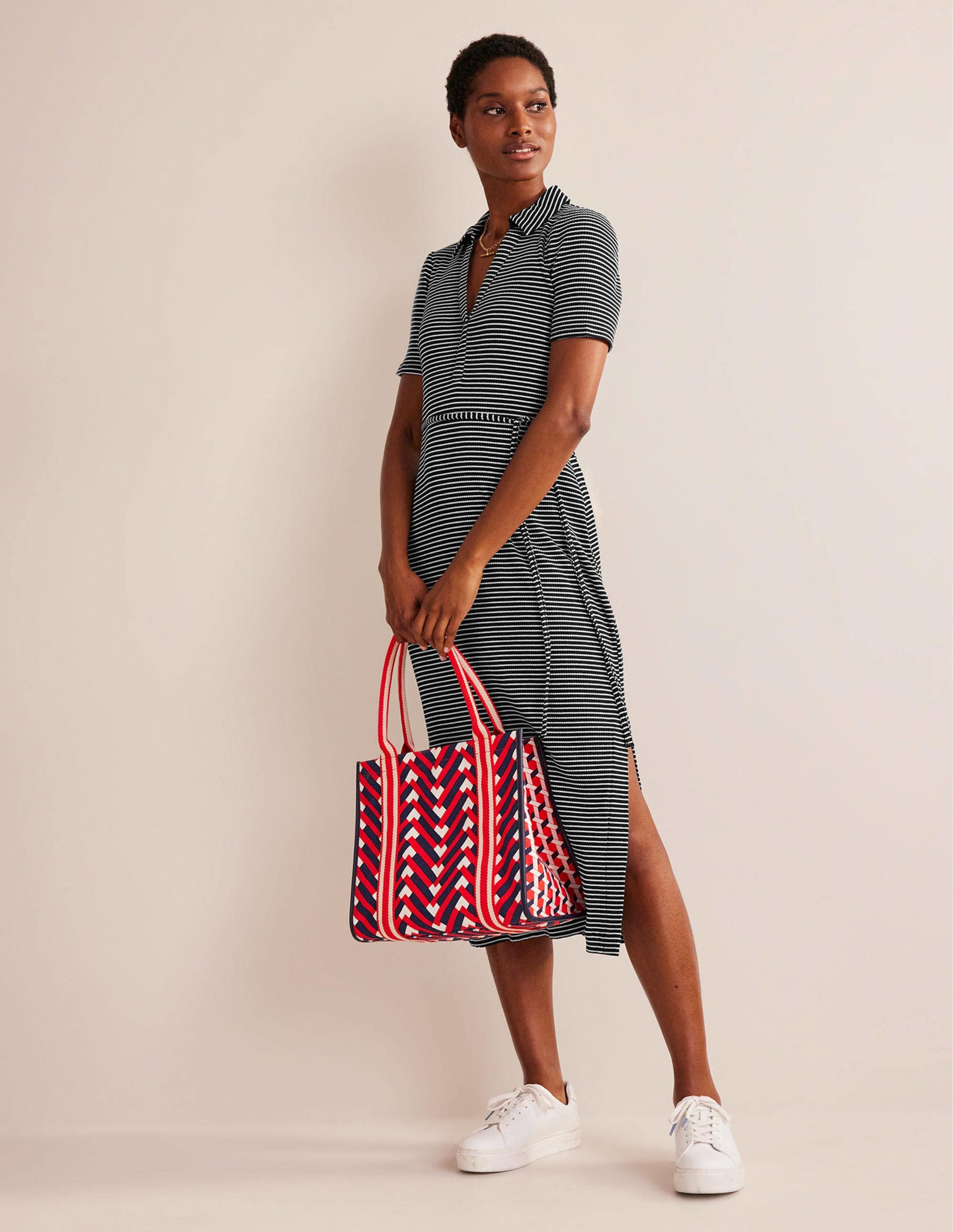 Ribbed-Jersey Midi Shirt Dress-Black, Ivory Stripe-5