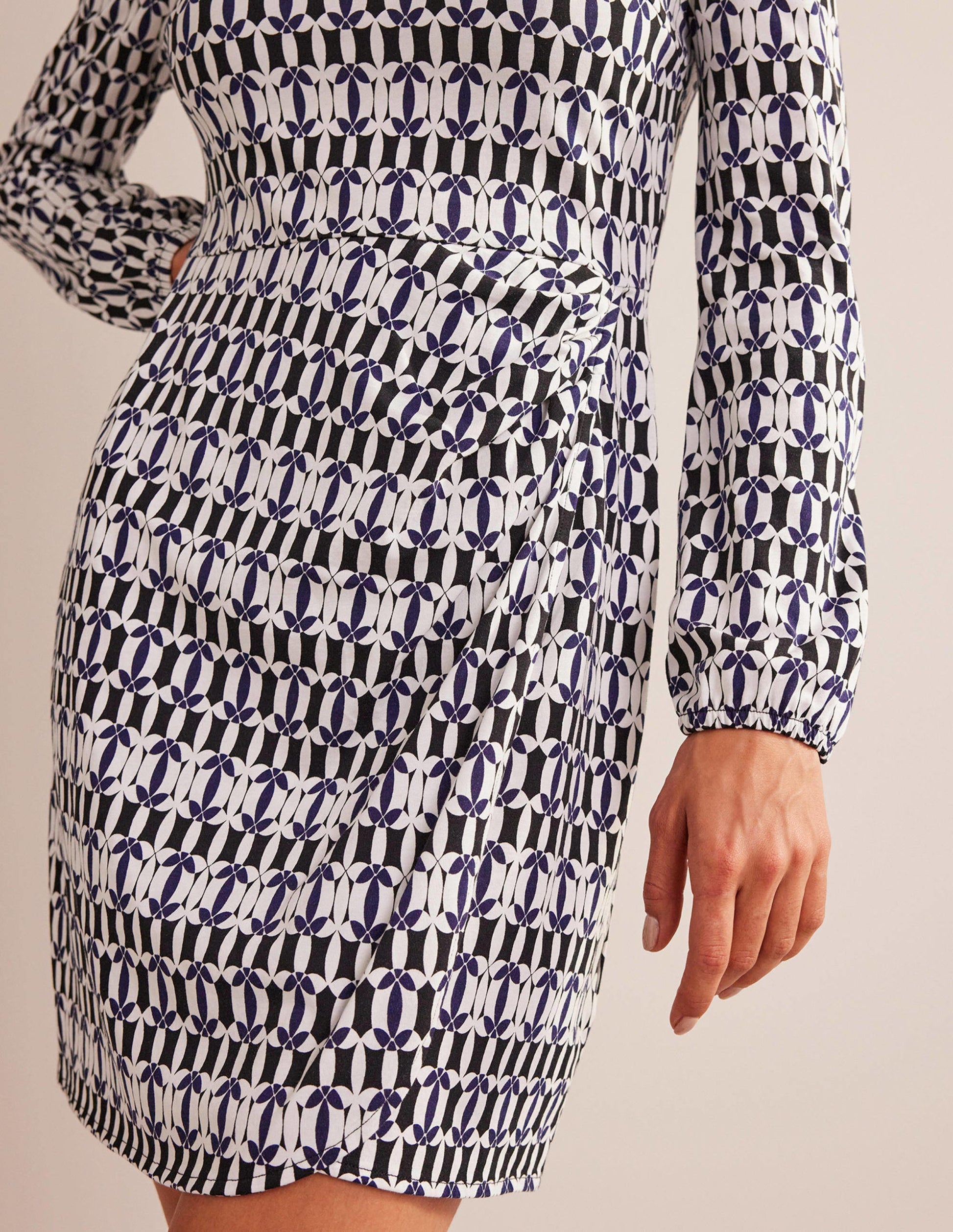 Wrap-Effect Jersey Mini Dress-Black, Geometric-2