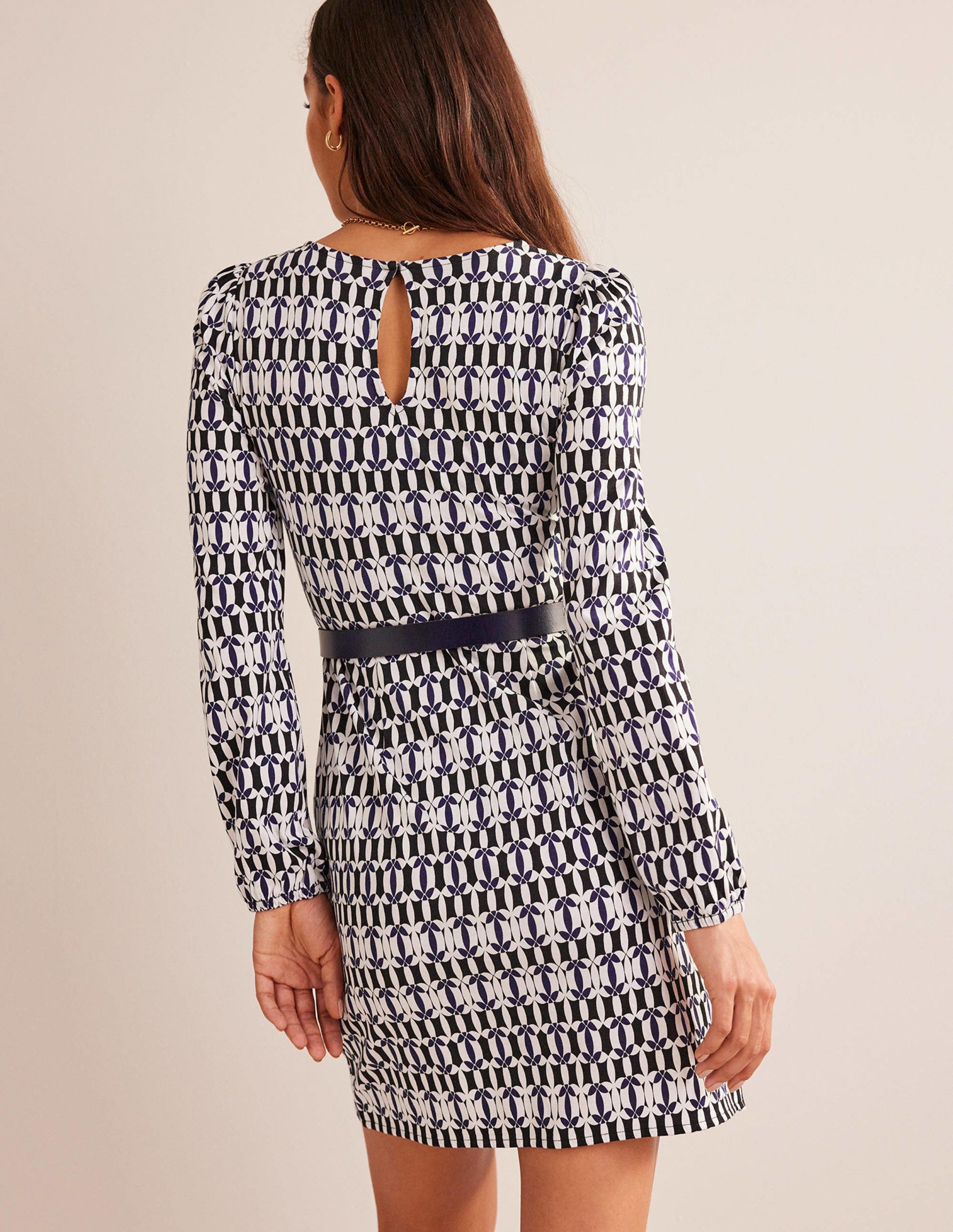 Wrap-Effect Jersey Mini Dress-Black, Geometric-4