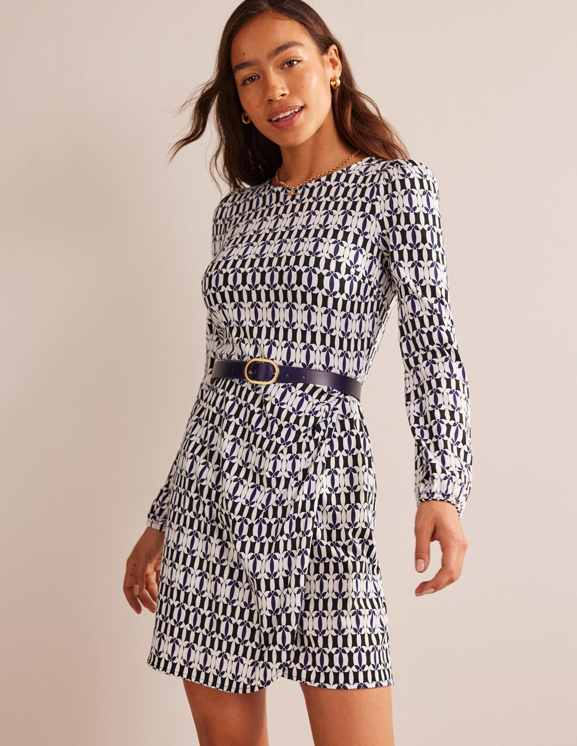 Wrap-Effect Jersey Mini Dress-Black, Geometric - Image 5