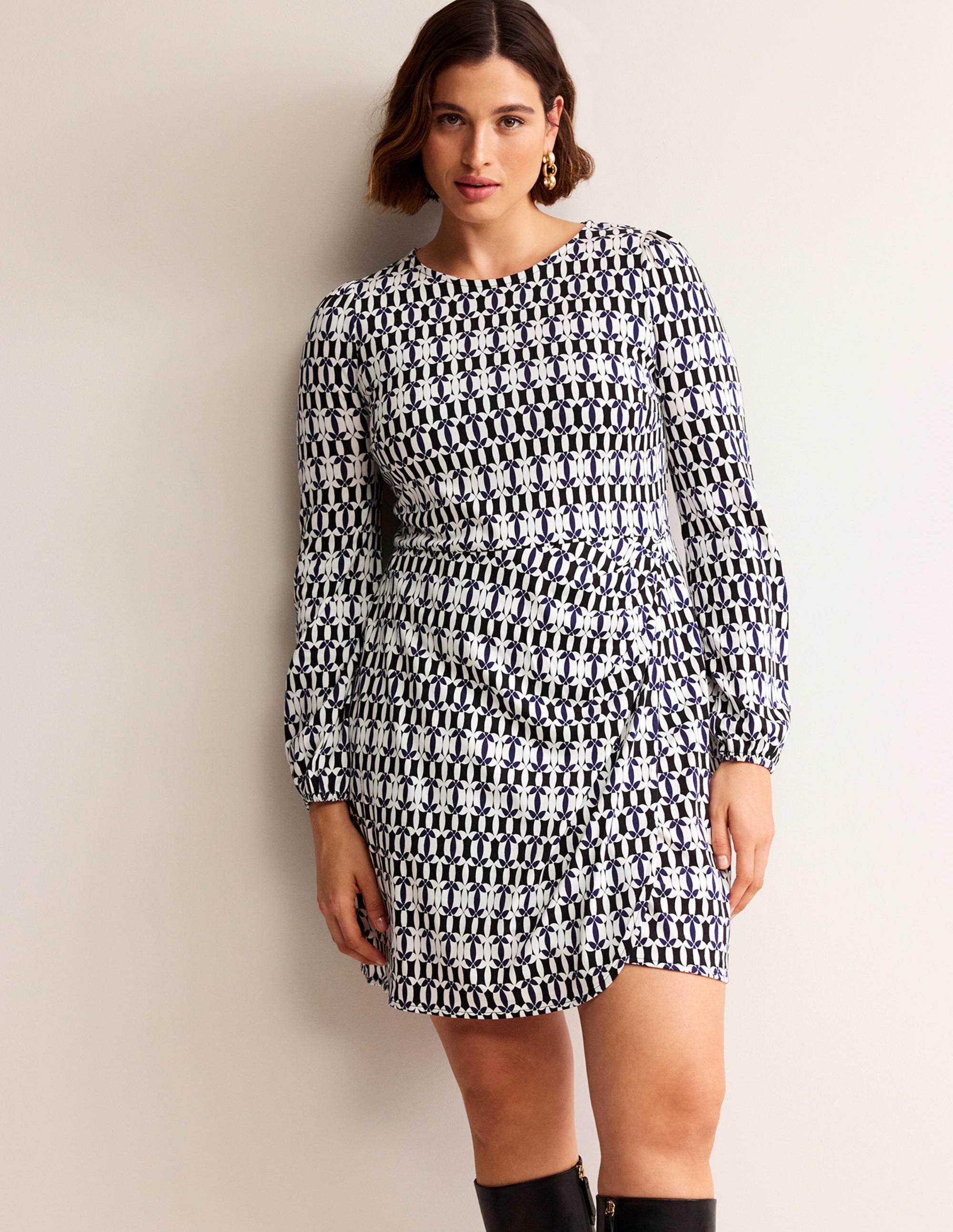 Wrap-Effect Jersey Mini Dress-Black, Geometric - Image 6