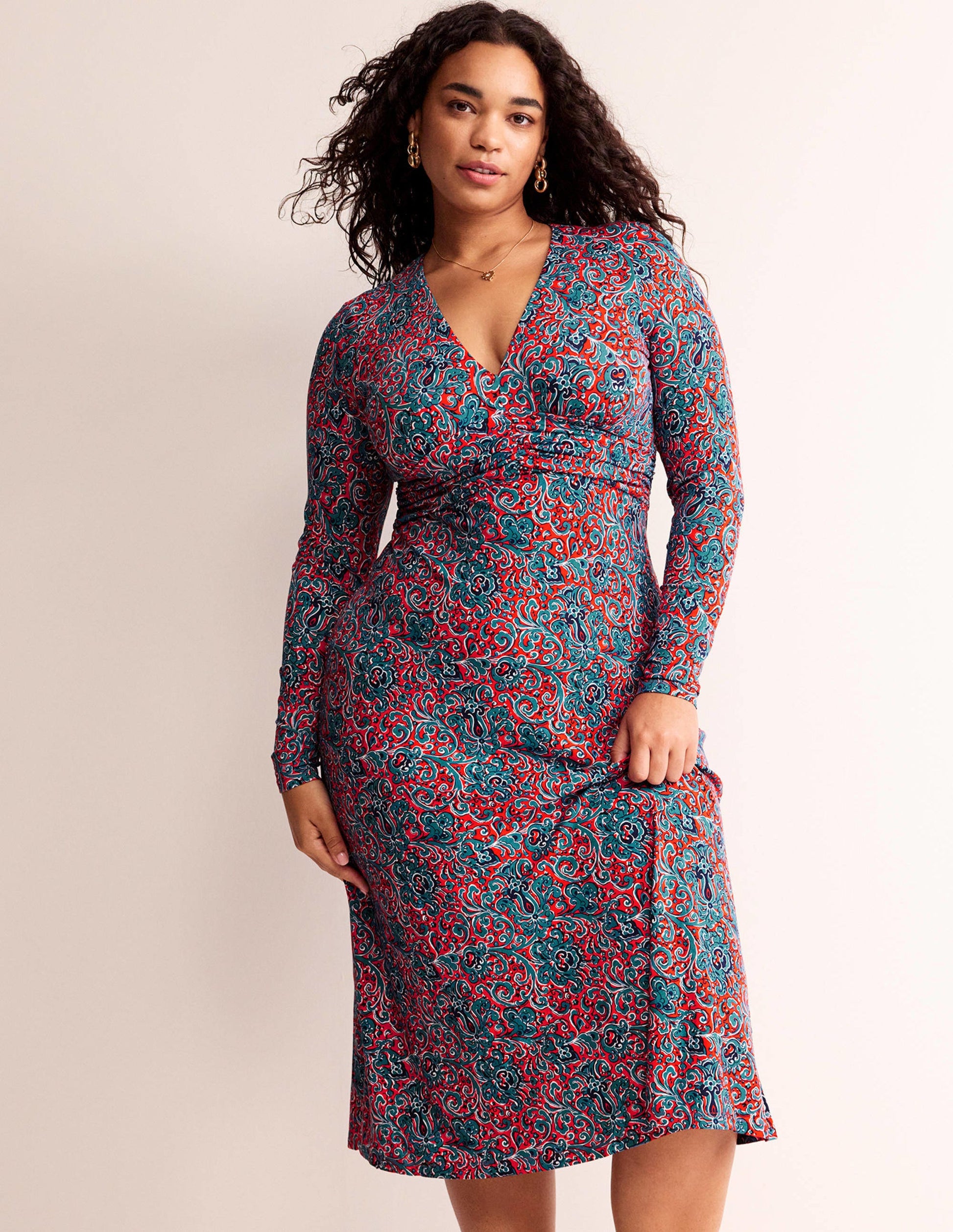 Elodie Empire Midi Dress-Fiesta Orange, Botanic Terrace-6