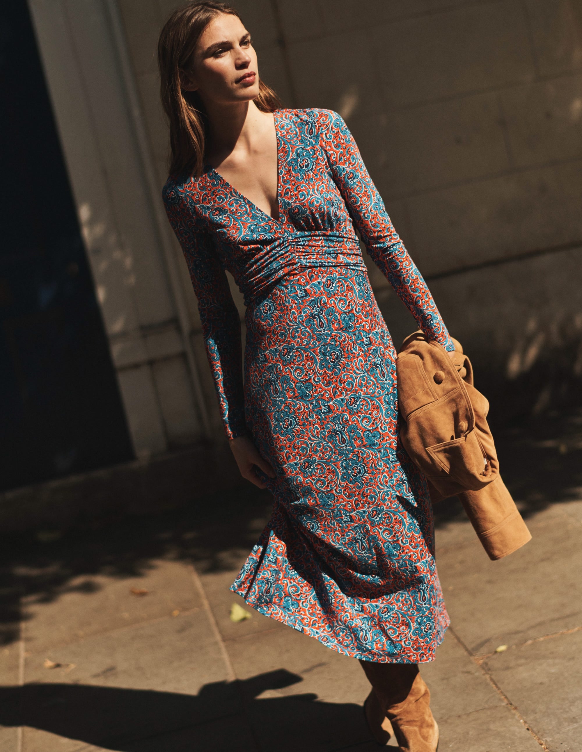 Elodie Empire Midi Dress-Fiesta Orange, Botanic Terrace - Image 9