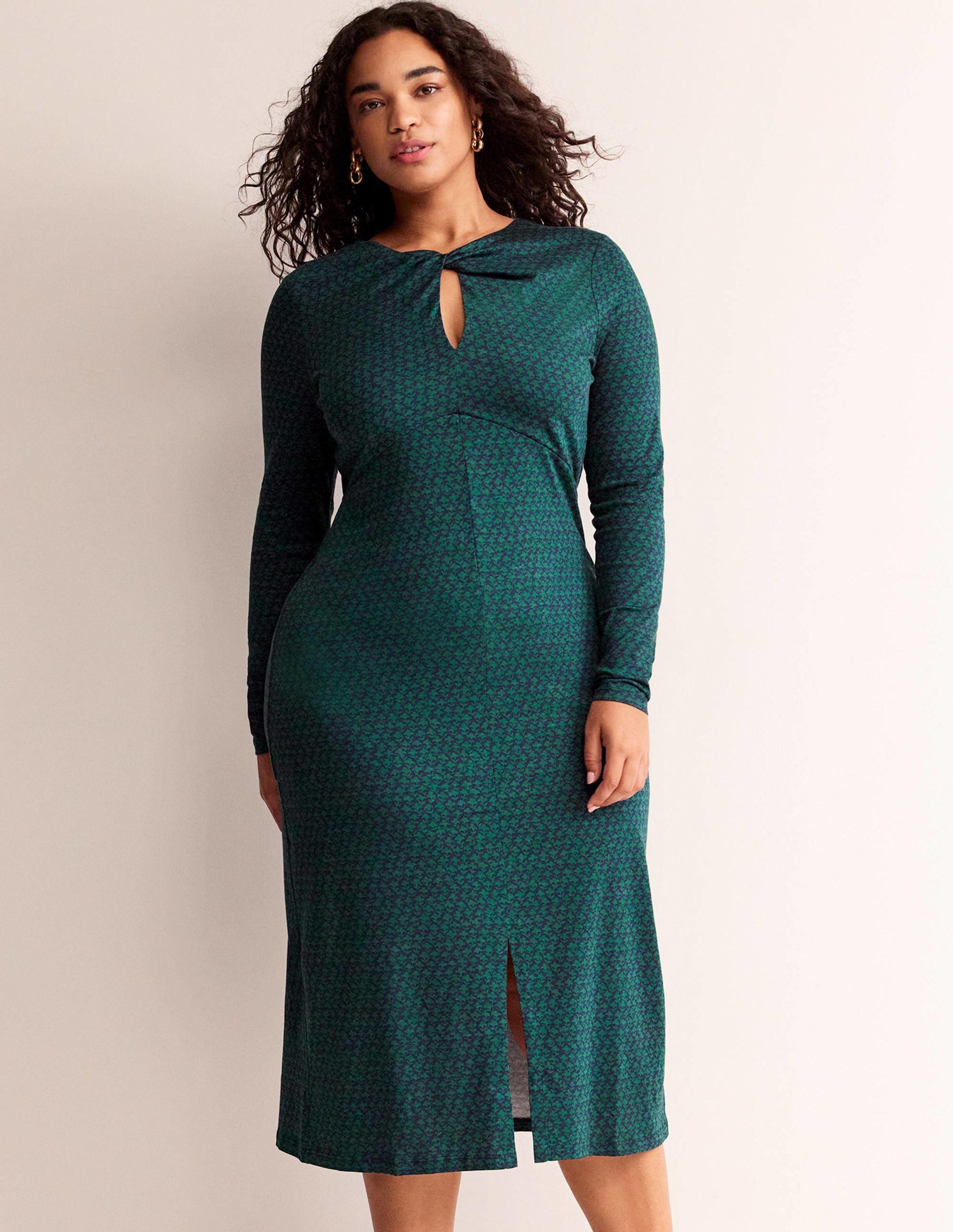 Empire Knot Midi Dress-Emerald Night, Lily Sprig-5