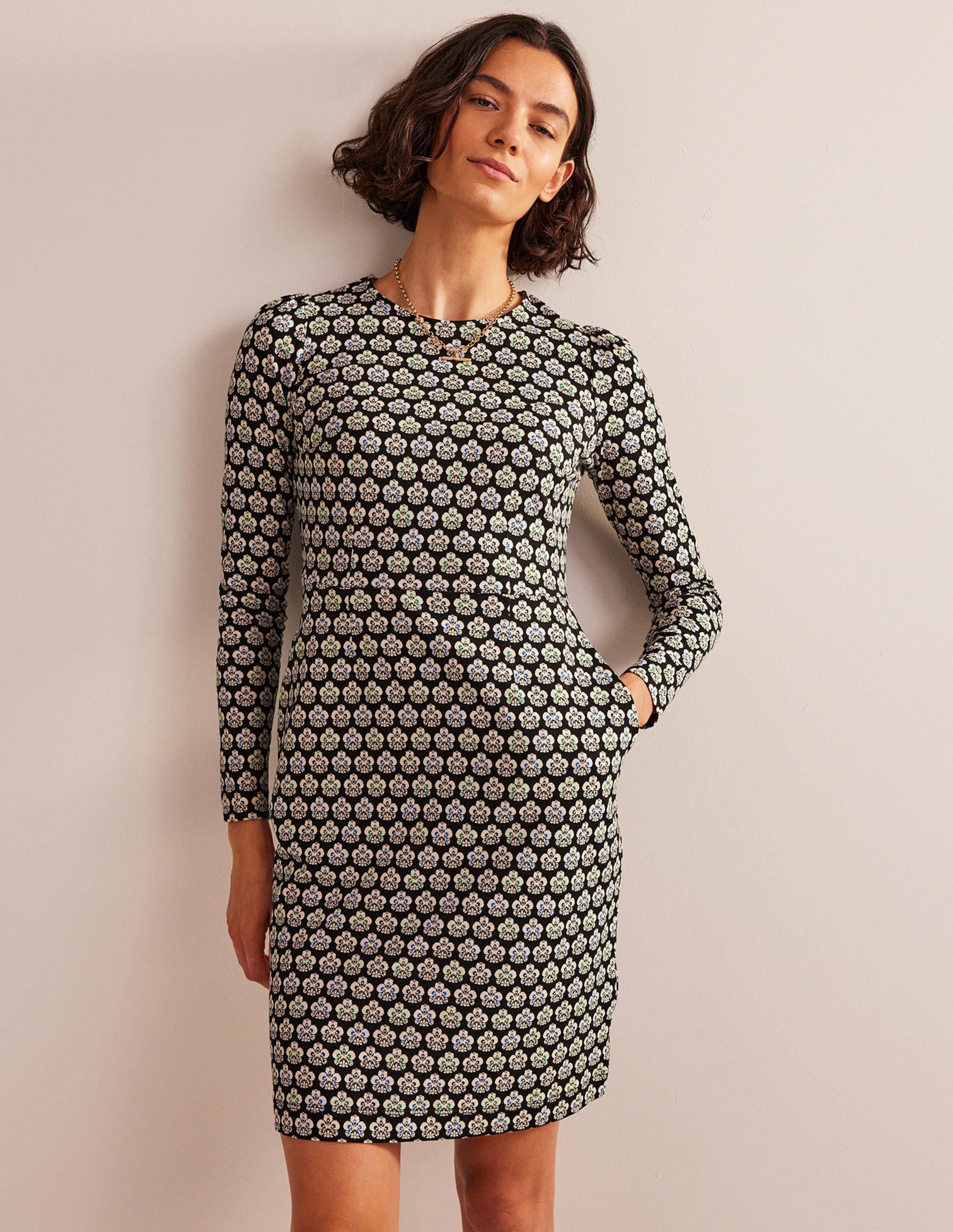 Penelope Jersey Dress-Black, Carnation Stamp - Image 1