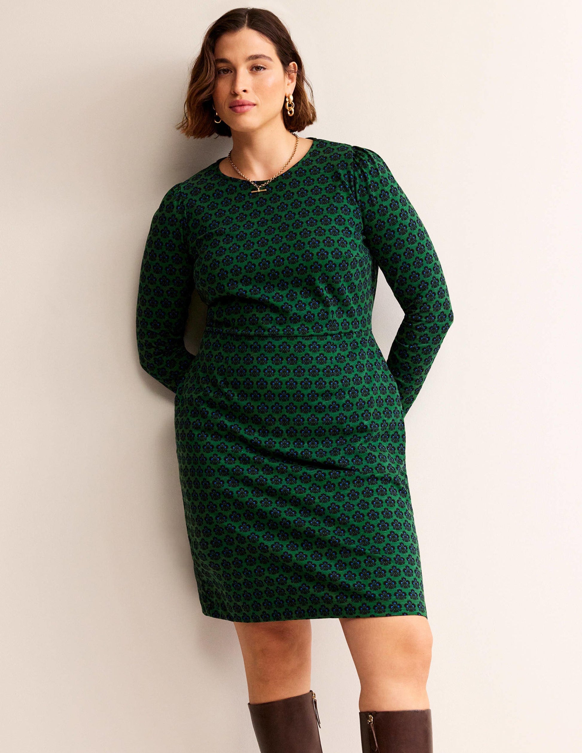 Penelope Jersey Dress-Amazon Green, Carnation Stamp-5