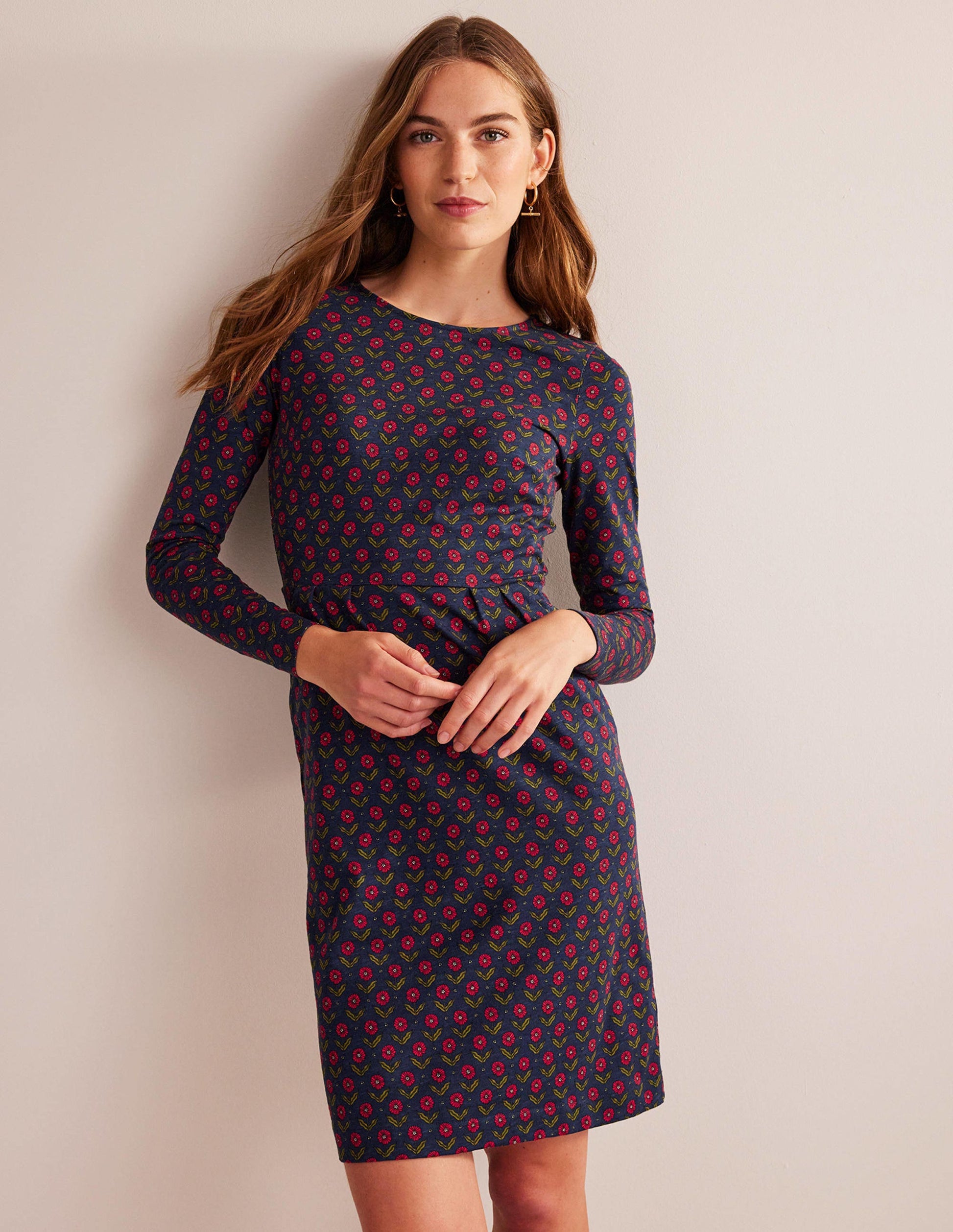 Penelope Jersey Dress-Navy, Daisy Foliage-1