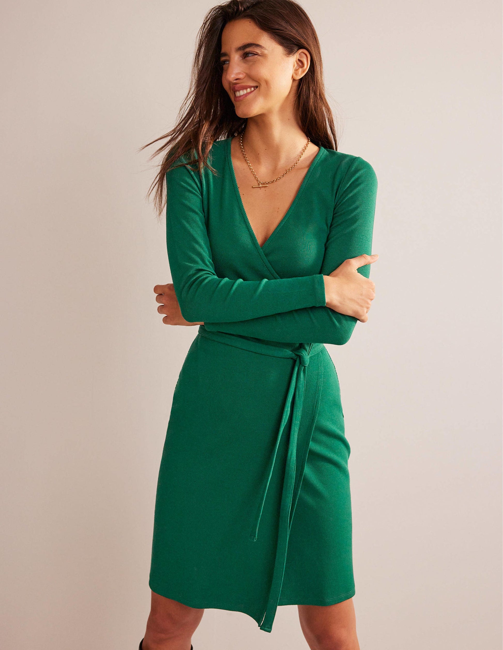 Ribbed-Jersey Wrap Dress-Emerald Night-1