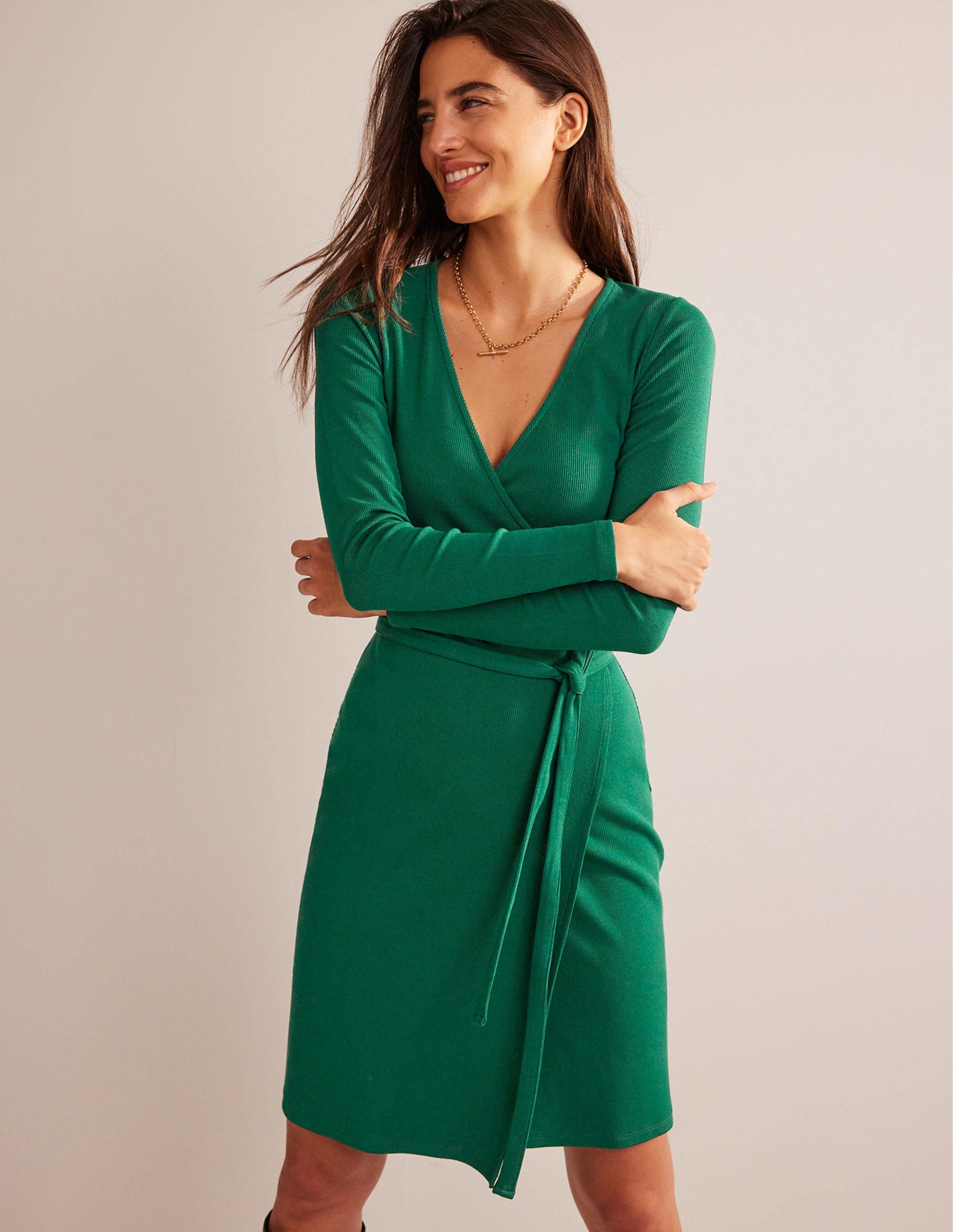 Ribbed-Jersey Wrap Dress-Emerald Night - Image 1