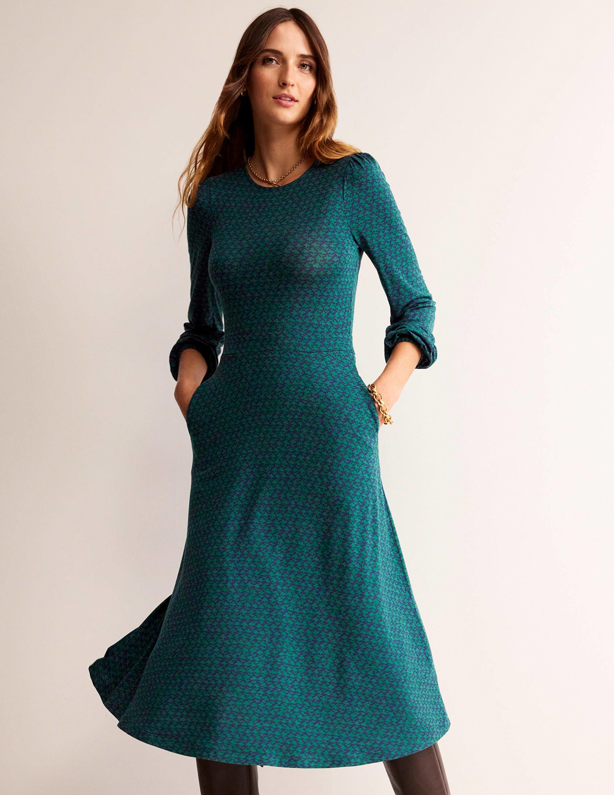 Camille Jersey Midi Dress-Emerald Night, Lily Sprig - Image 1