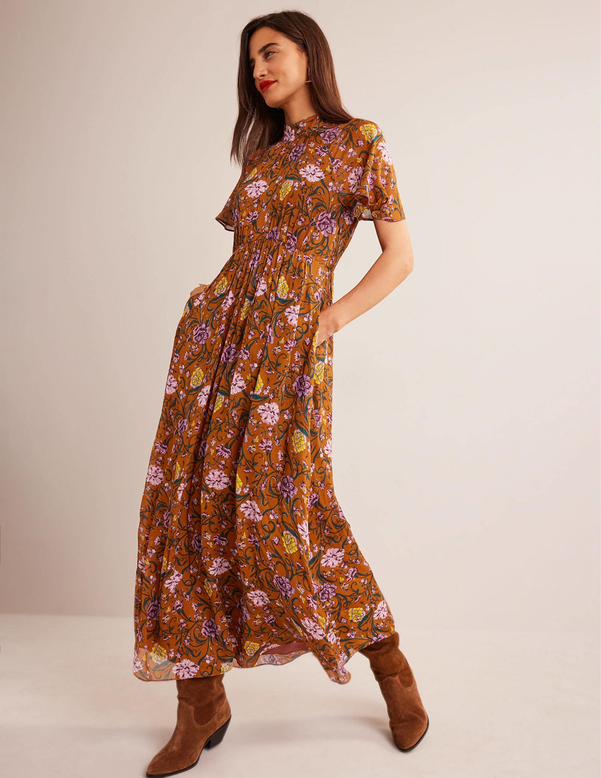 Tie-Back Gathered Midi Dress-Pumpkin, Freesia - Image 1