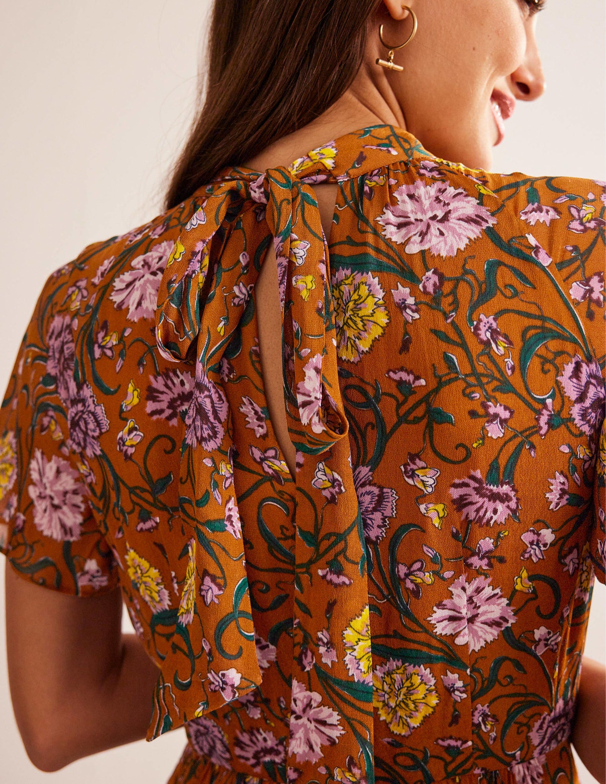 Tie-Back Gathered Midi Dress-Pumpkin, Freesia-2