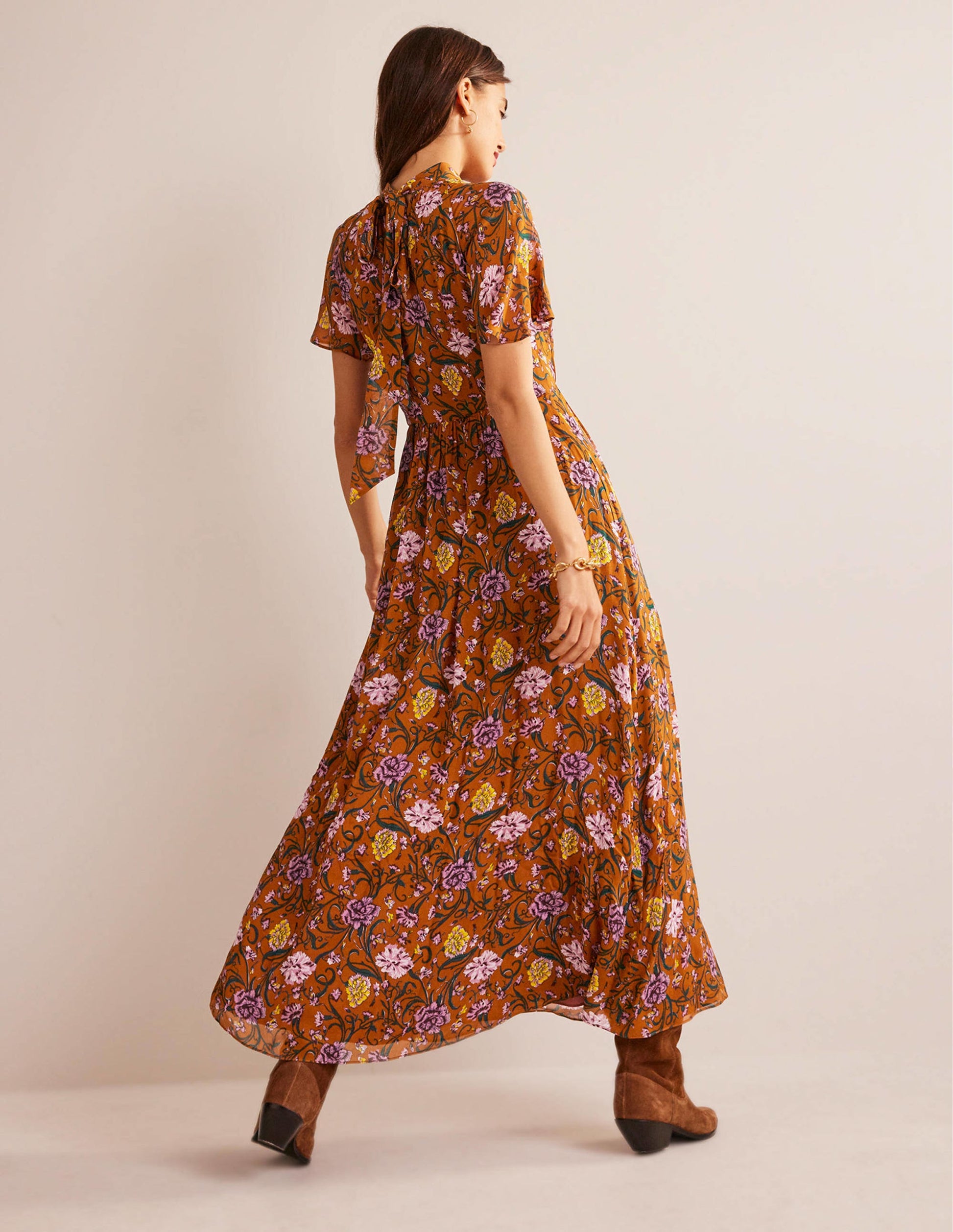 Tie-Back Gathered Midi Dress-Pumpkin, Freesia-3