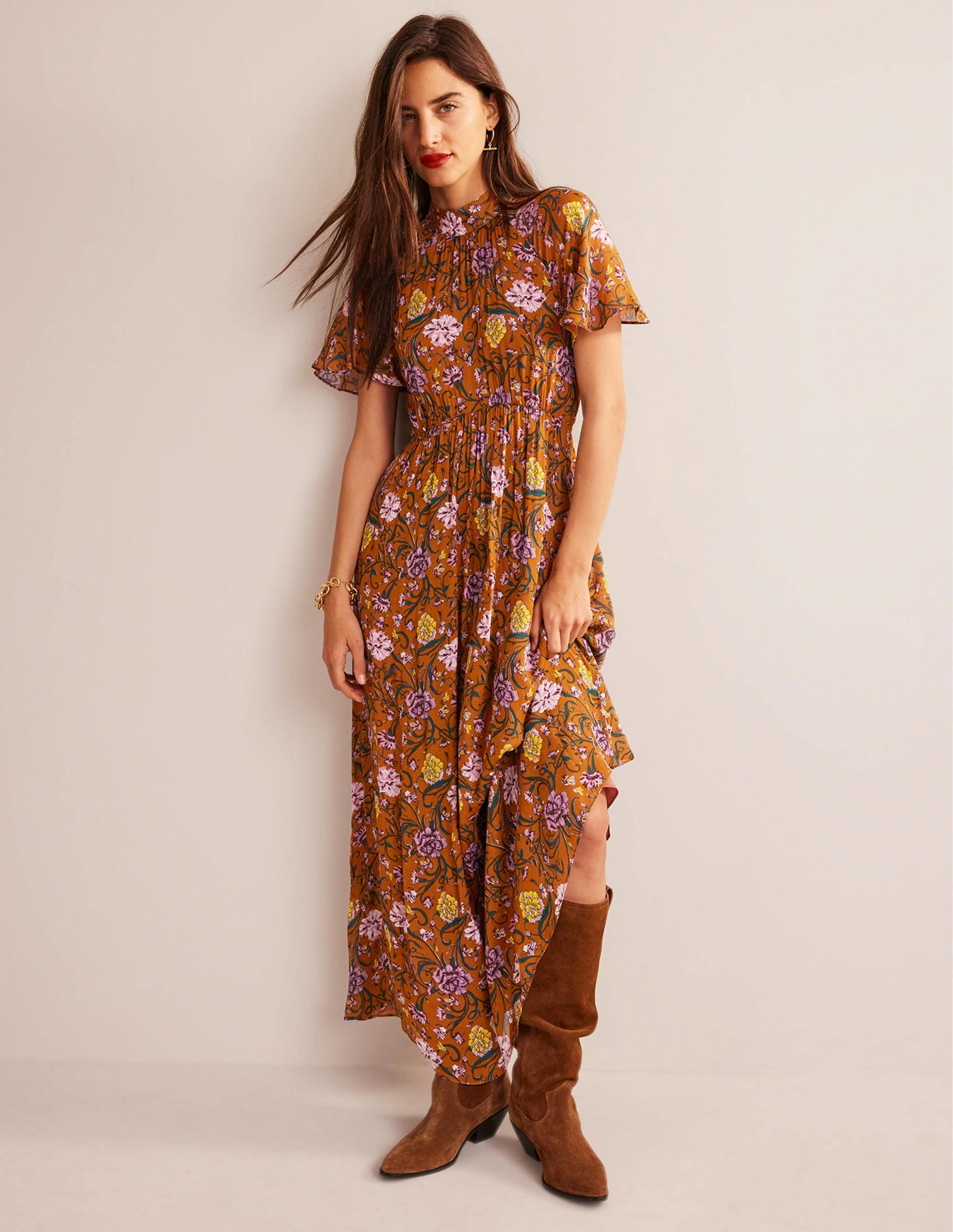 Tie-Back Gathered Midi Dress-Pumpkin, Freesia - Image 4