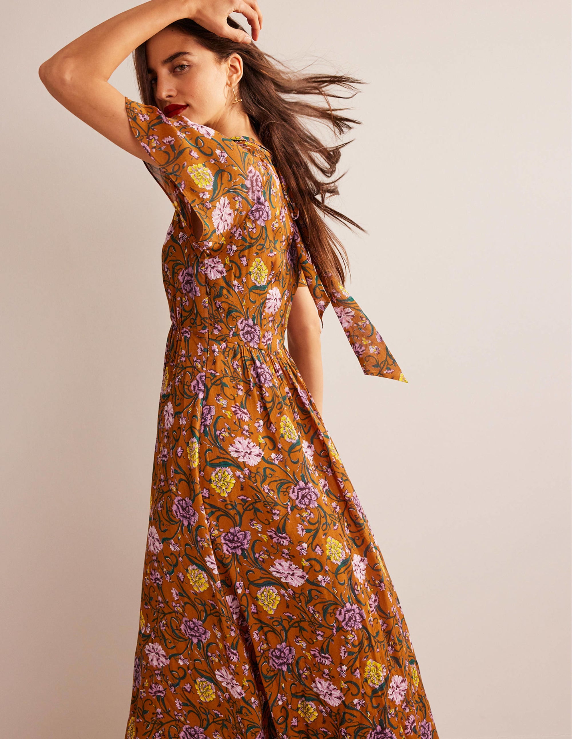 Tie-Back Gathered Midi Dress-Pumpkin, Freesia - Image 5