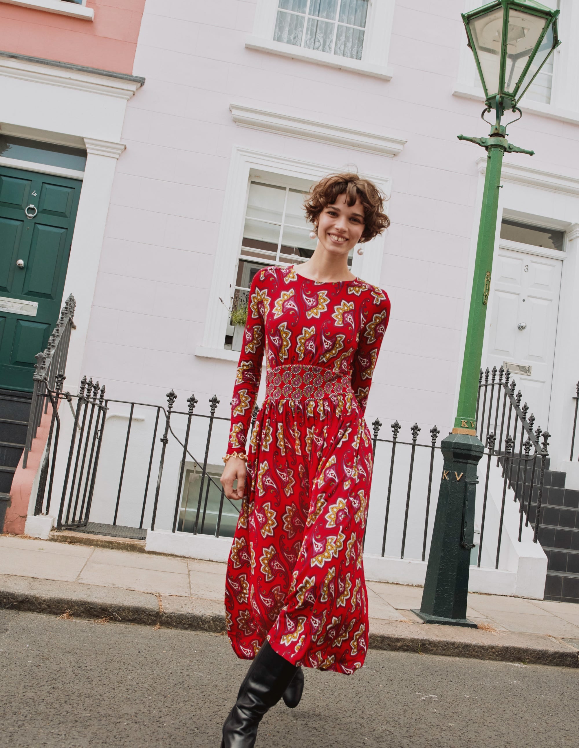 Thea Long Sleeve Midi Dress-Red, Paisley Amaryllis - Image 5