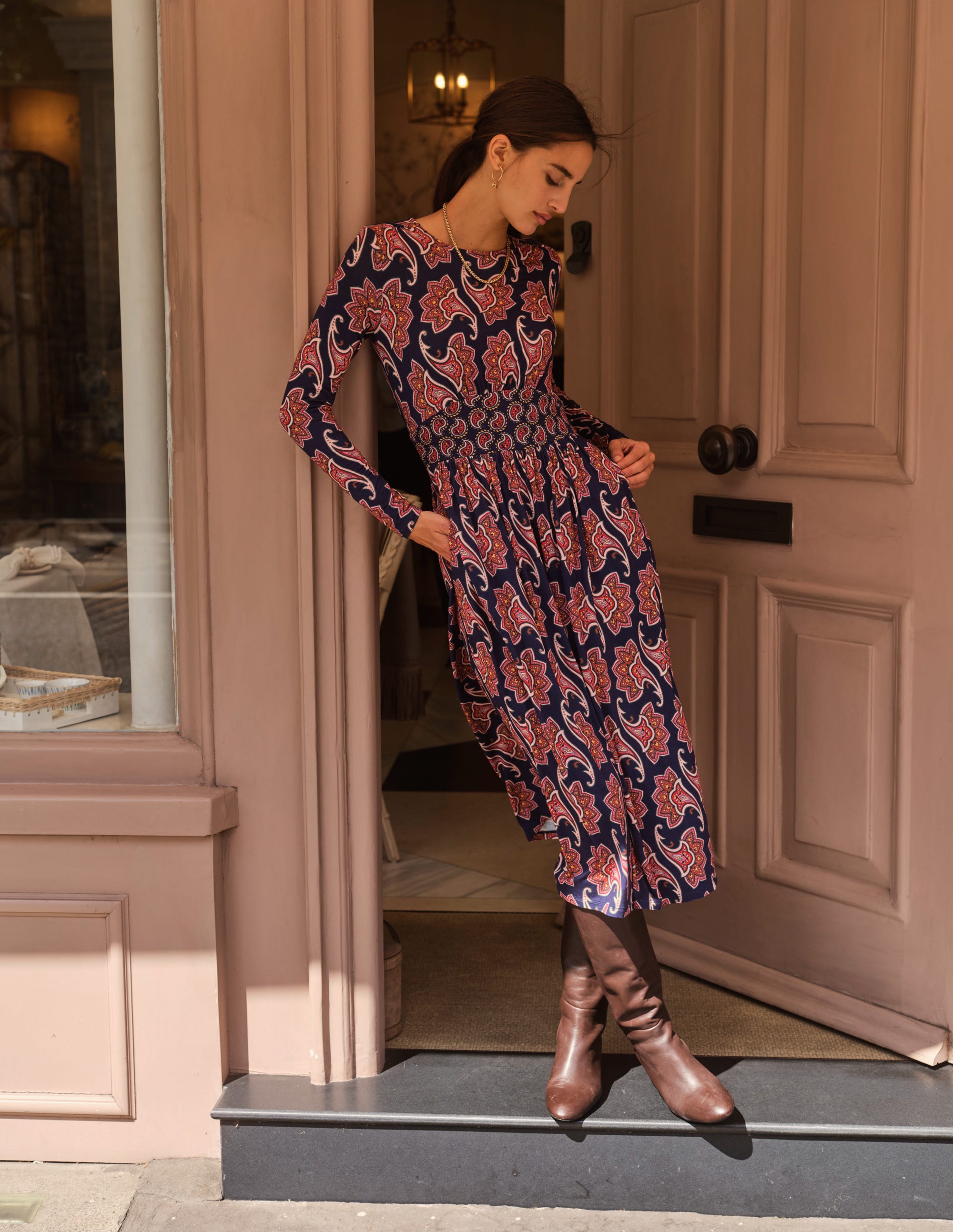 Thea Long Sleeve Midi Dress-French Navy, Paisley Amaryllis - Image 5
