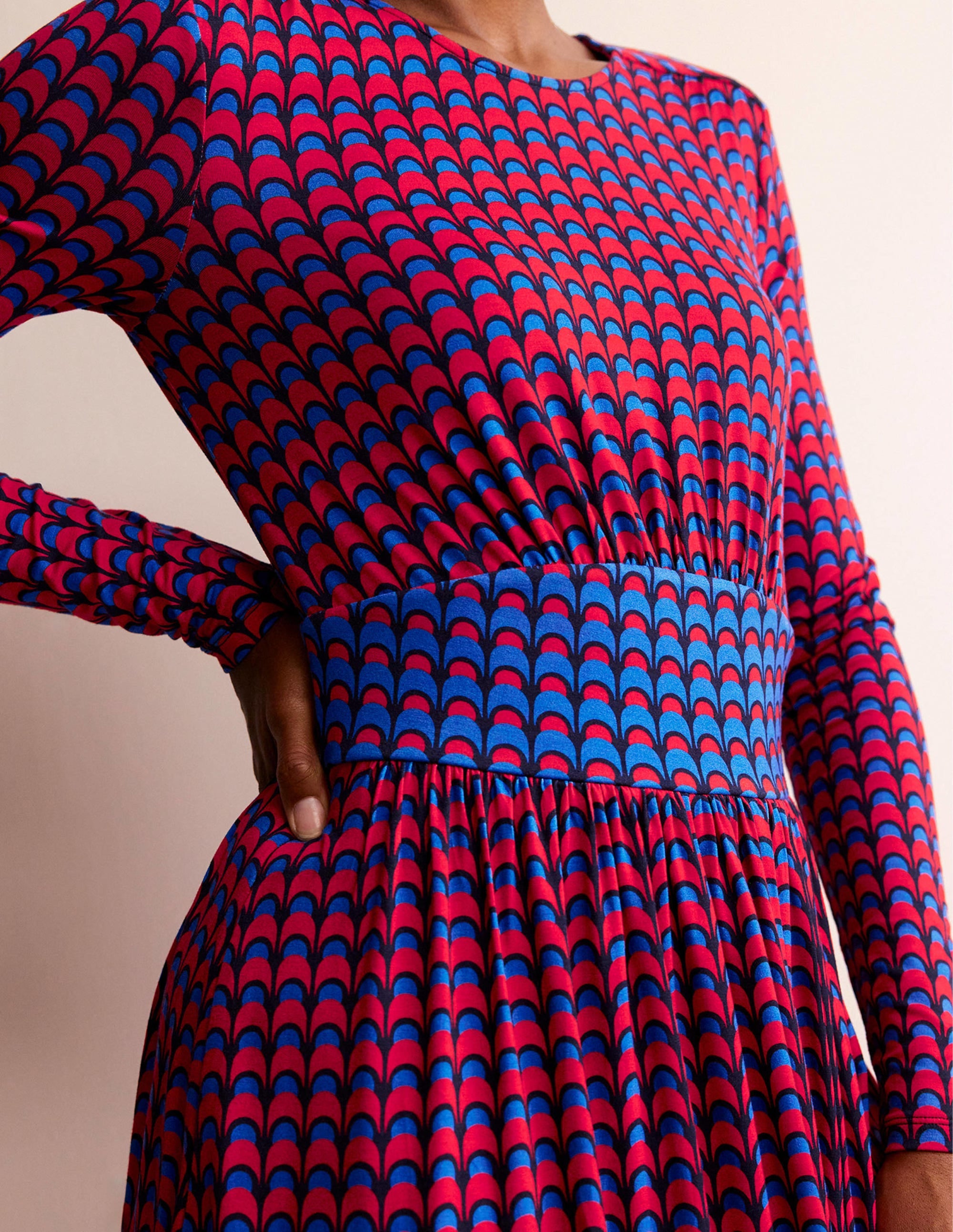 Thea Long Sleeve Midi Dress-Brilliant Red, Geo Charm - Image 2