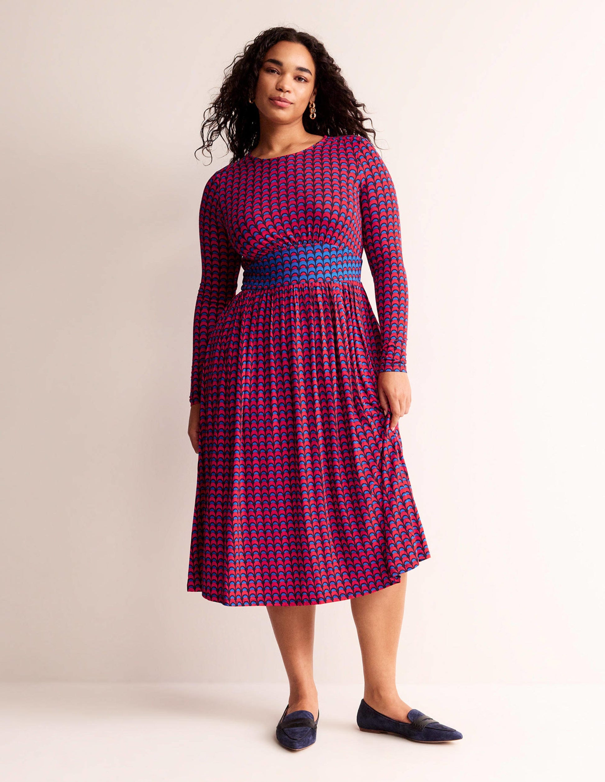 Thea Long Sleeve Midi Dress-Brilliant Red, Geo Charm-5