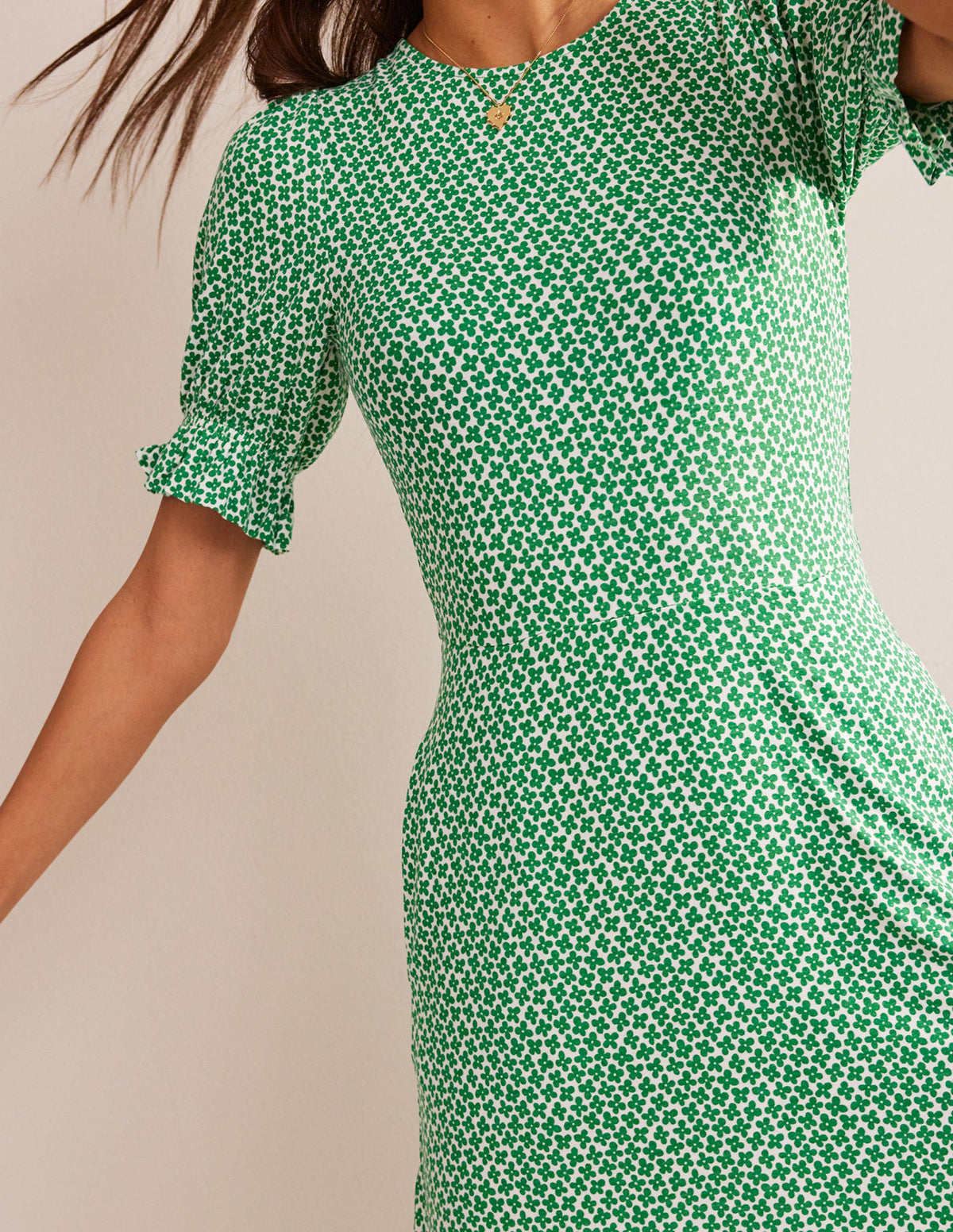 Puff Sleeve Jersey Mini Dress-Meadow Green, Daisy Bud - Image 2
