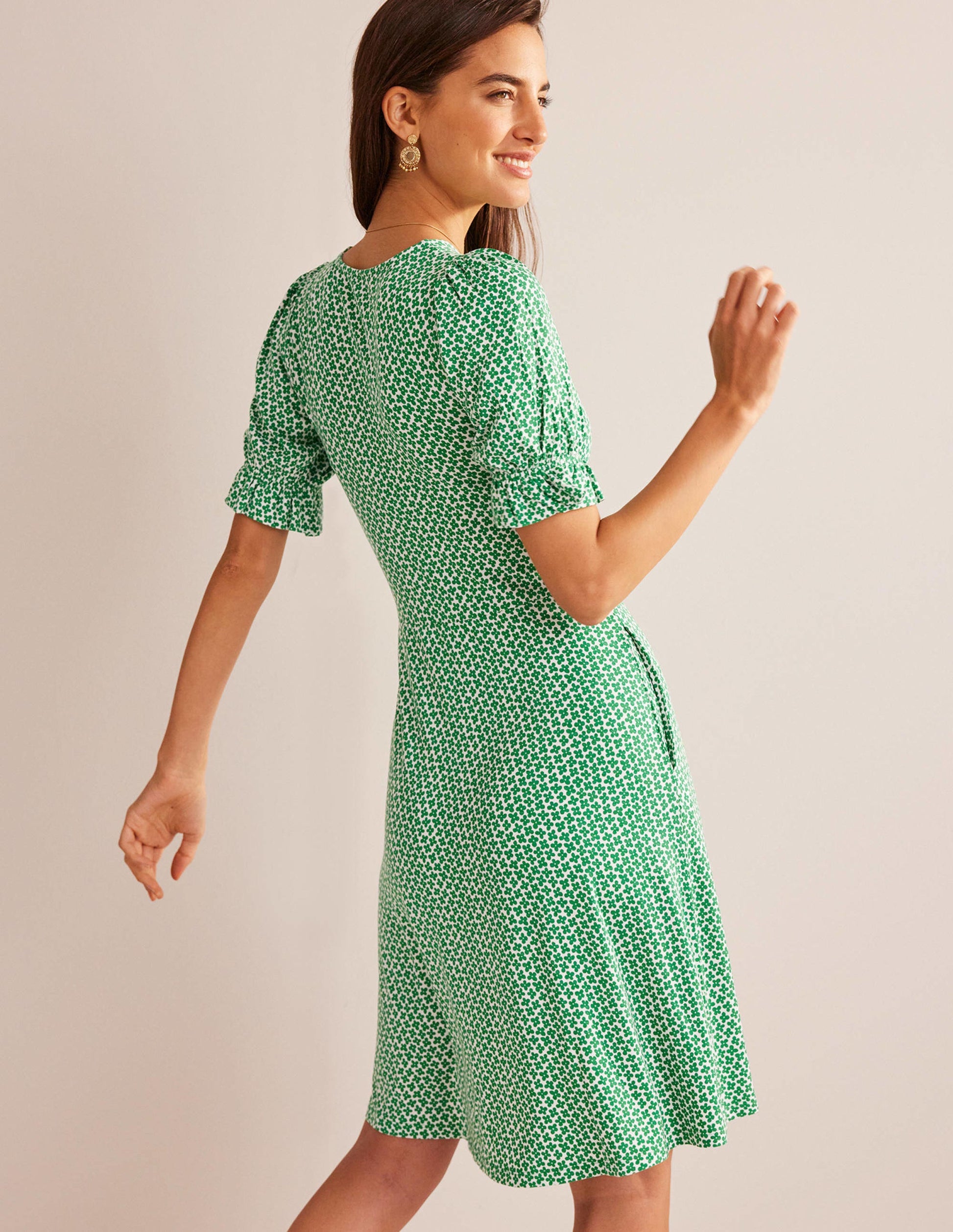 Puff Sleeve Jersey Mini Dress-Meadow Green, Daisy Bud-3