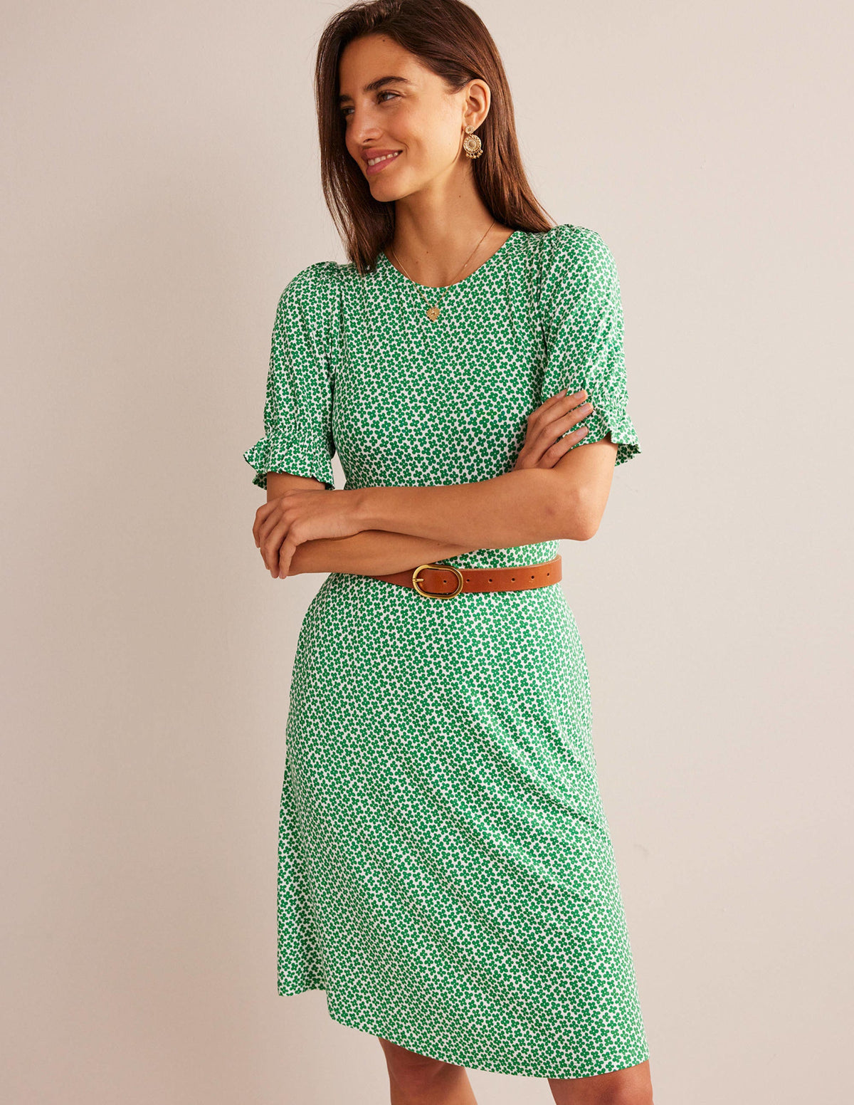 Puff Sleeve Jersey Mini Dress-Meadow Green, Daisy Bud - Image 4