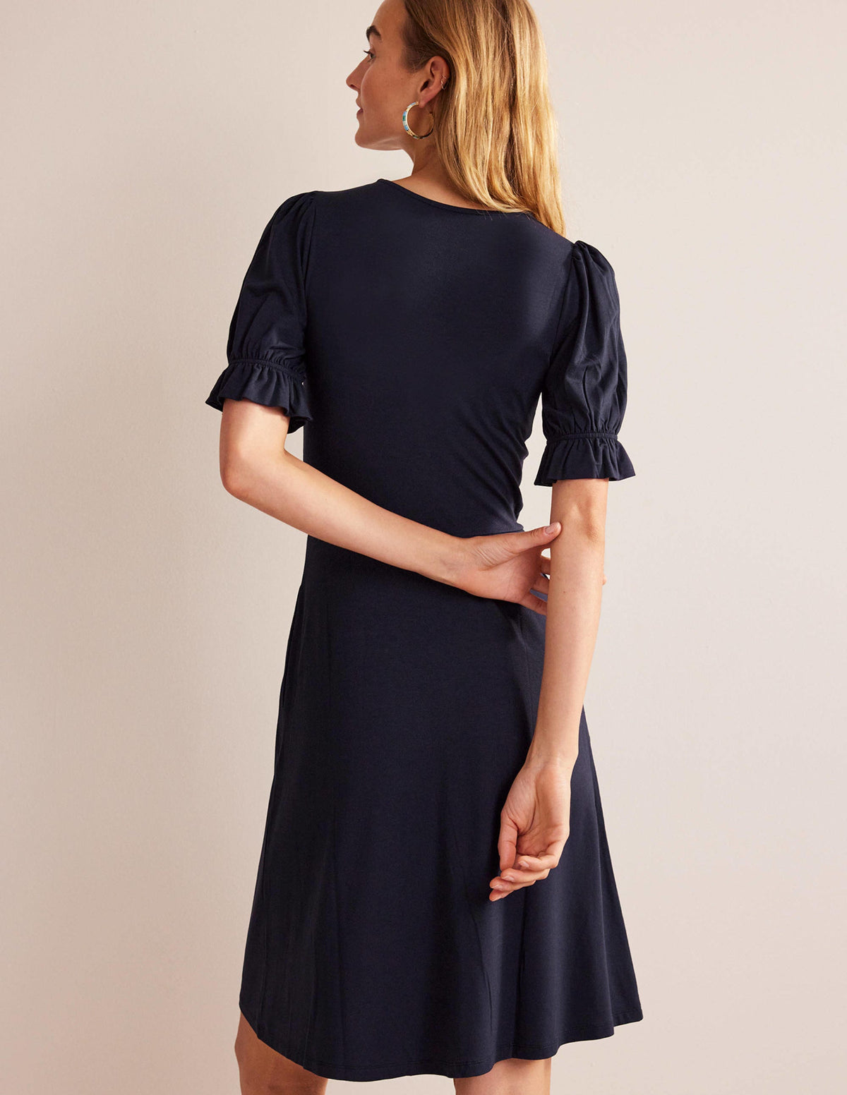 Puff Sleeve Jersey Mini Dress-Navy - Image 3