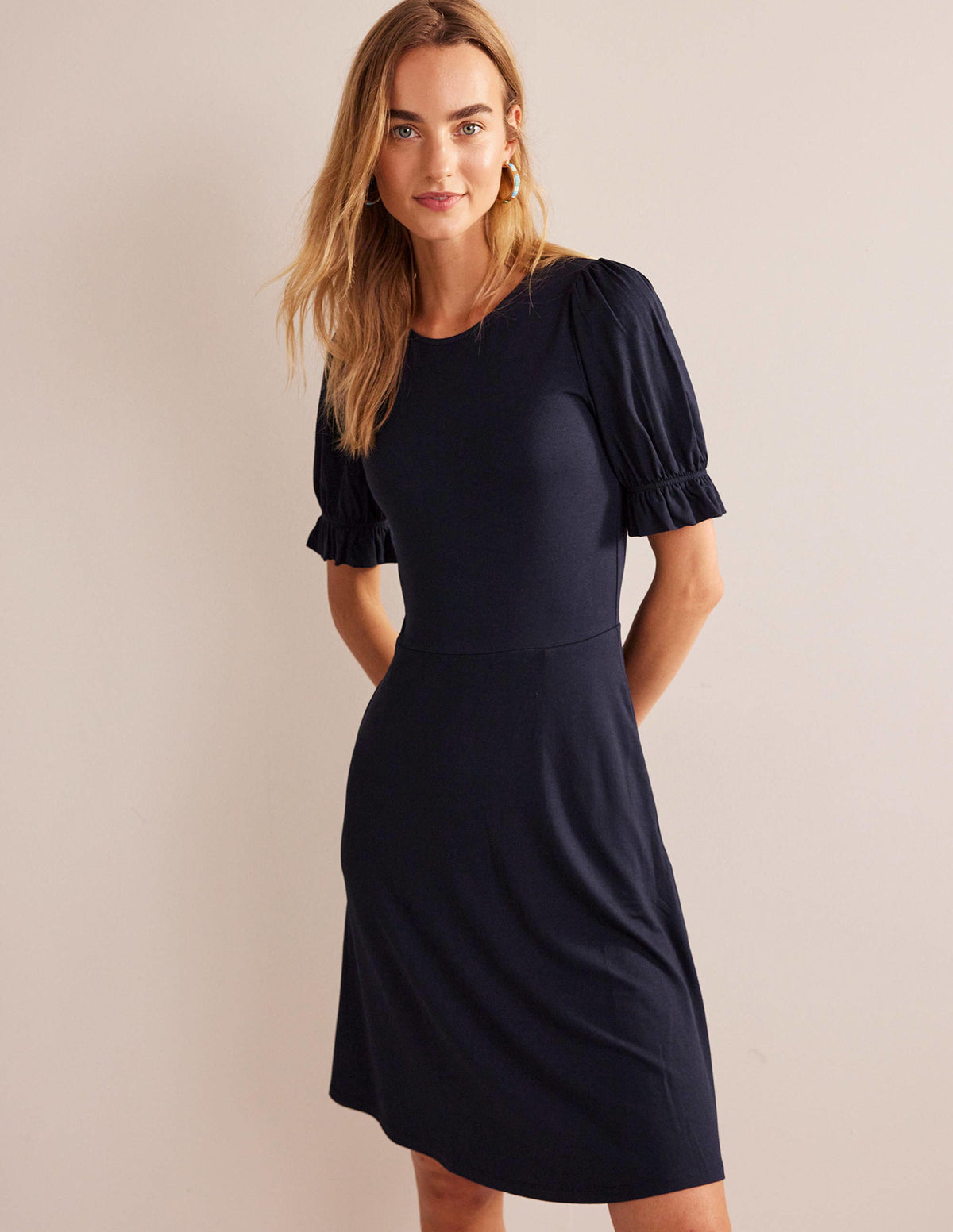 Puff Sleeve Jersey Mini Dress-Navy-4