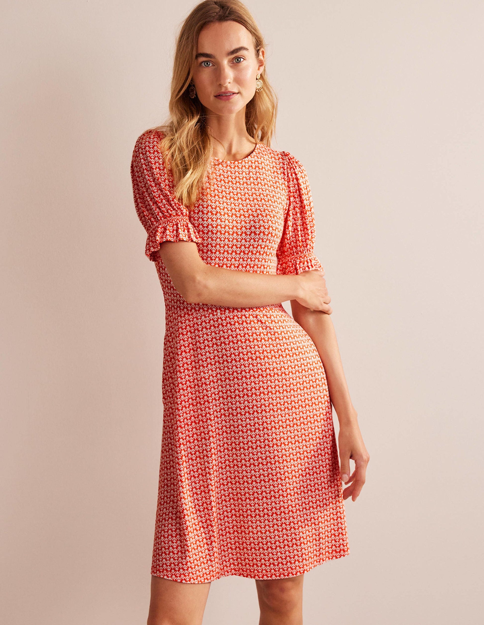 Puff Sleeve Jersey Mini Dress-Vermillion, Tulip Pop-1
